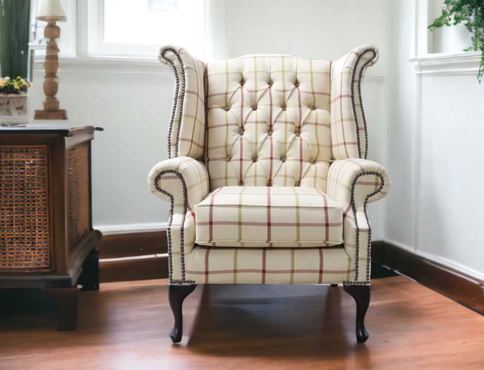 Product photograph of Chesterfield Queen Anne Wing Chair High Back Armchair Piazza Square Check Rose Fabric from Designer Sofas 4U