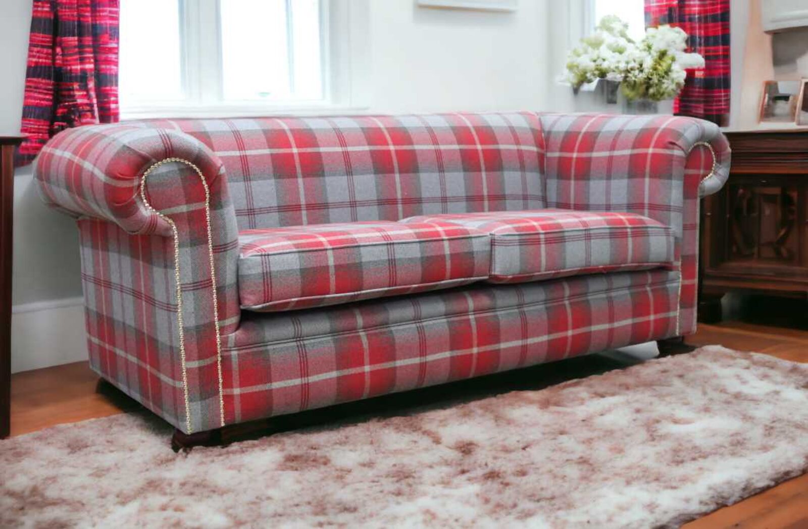 Product photograph of Chesterfield Tartan 1930 S 3 Seater Sofa Balmoral Cherry Fabric from Designer Sofas 4U