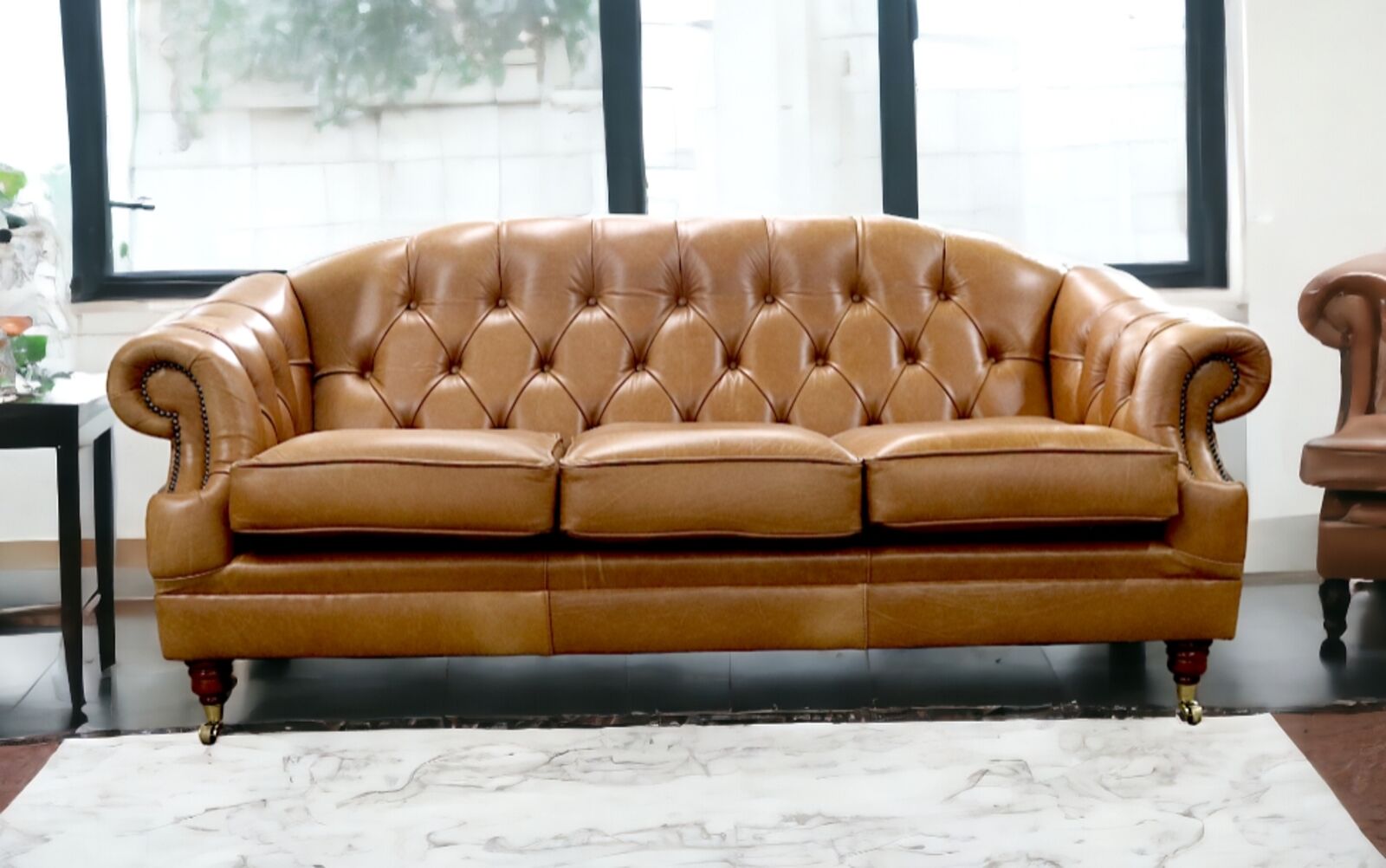 Product photograph of Victoria 3 Seater Chesterfield Leather Sofa Settee Old English Tan Leather from Designer Sofas 4U