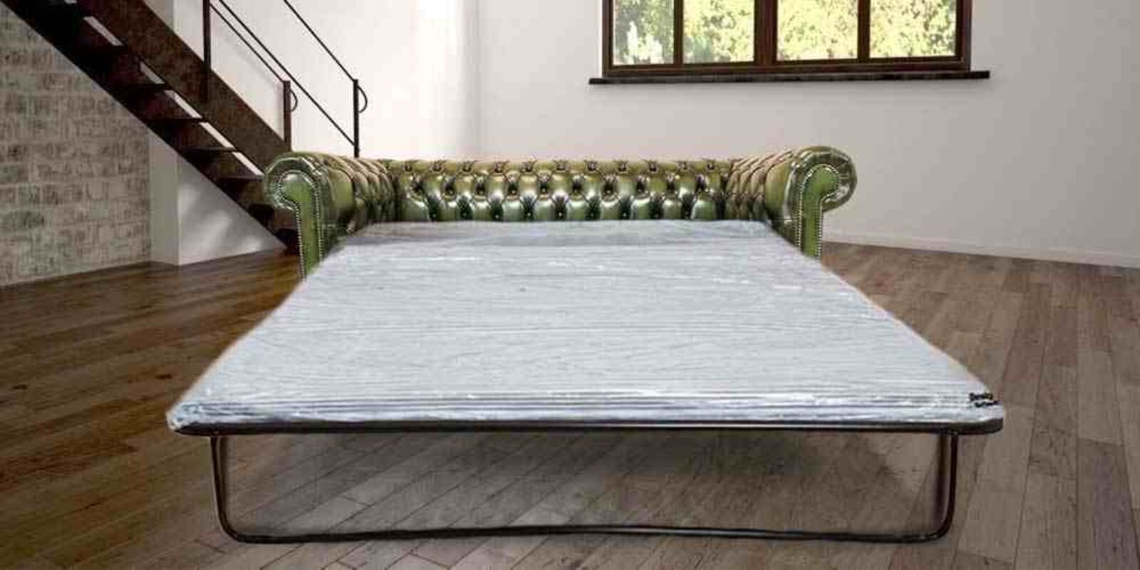 Product photograph of Chesterfield 3 Seater Antique Green Leather Sofabed Offer from Designer Sofas 4U