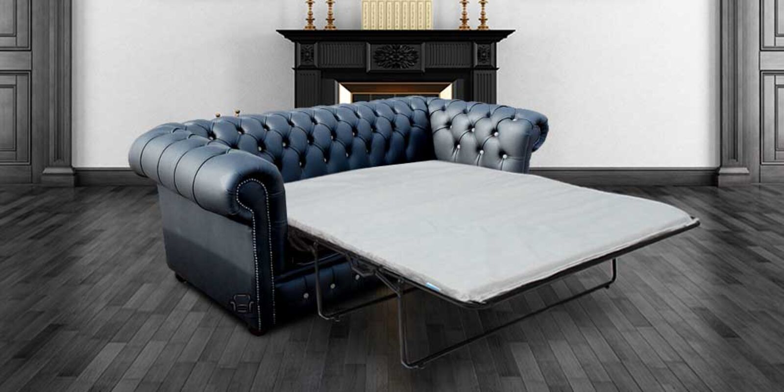 Product photograph of Chesterfield 3 Seater Shelly Black Leather Sofabed Grey Buttons Offer from Designer Sofas 4U