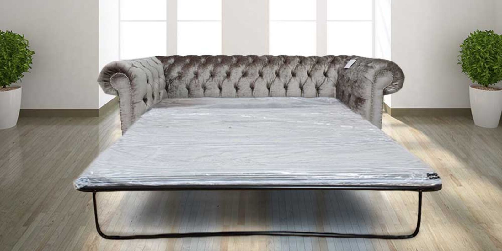 Product photograph of Best Pull Out Sofa Bed Sale In Boutique Beige Velvet Fabric Chesterfield 3 Seater from Designer Sofas 4U