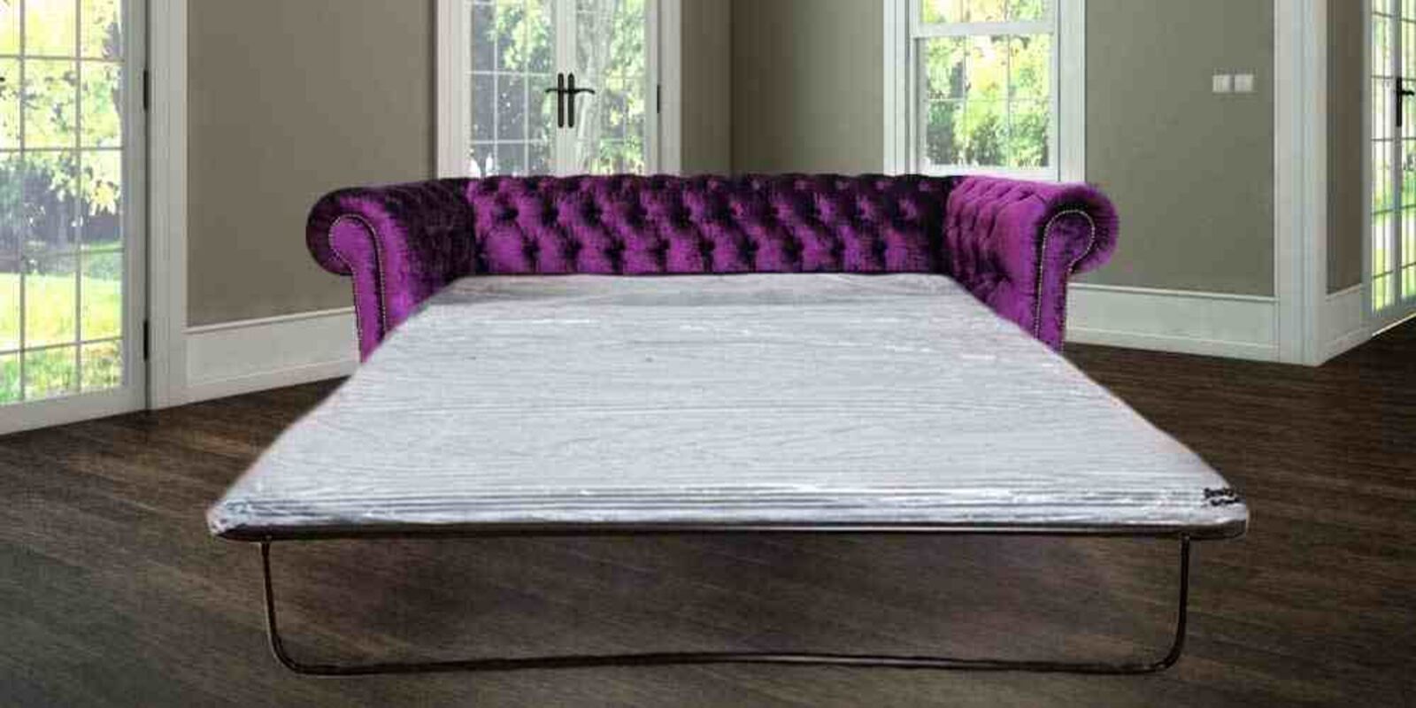 Product photograph of Best Pull Out Sofa Bed Sale In Chesterfield 3 Seater Boutique Purple Velvet Fabric from Designer Sofas 4U