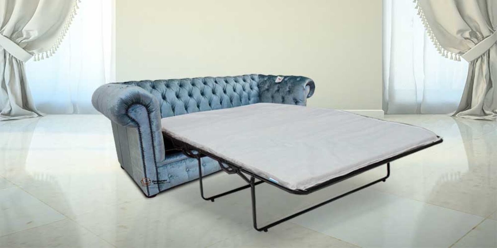 Product photograph of Best Pull Out Sofa Bed In Chesterfield 3 Seater Boutique Sky Velvet Fabric from Designer Sofas 4U