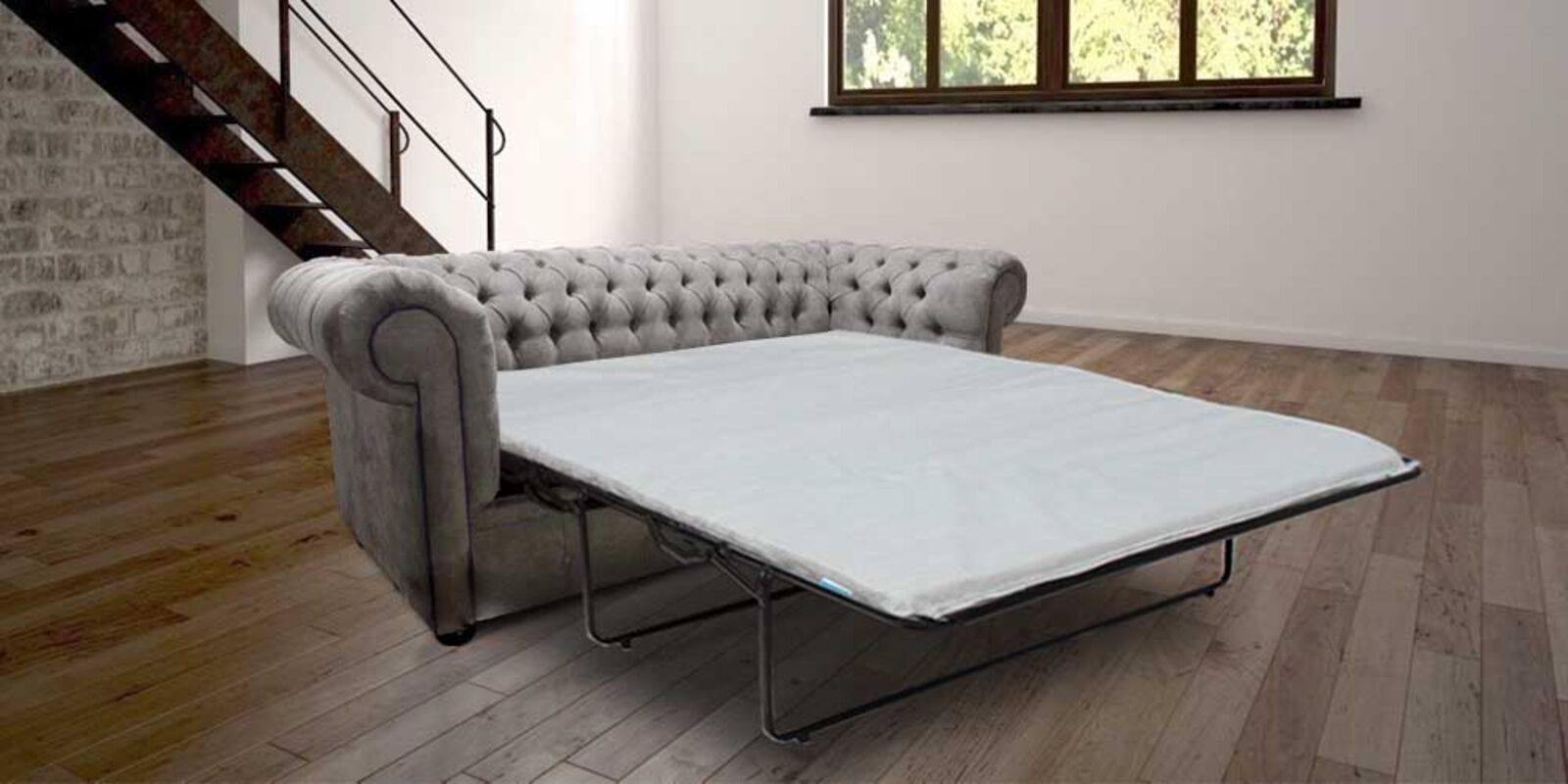 Product photograph of Chesterfield 3 Seater Settee Kimora Grey With Blue Piping Fabric Sofabed Offer from Designer Sofas 4U