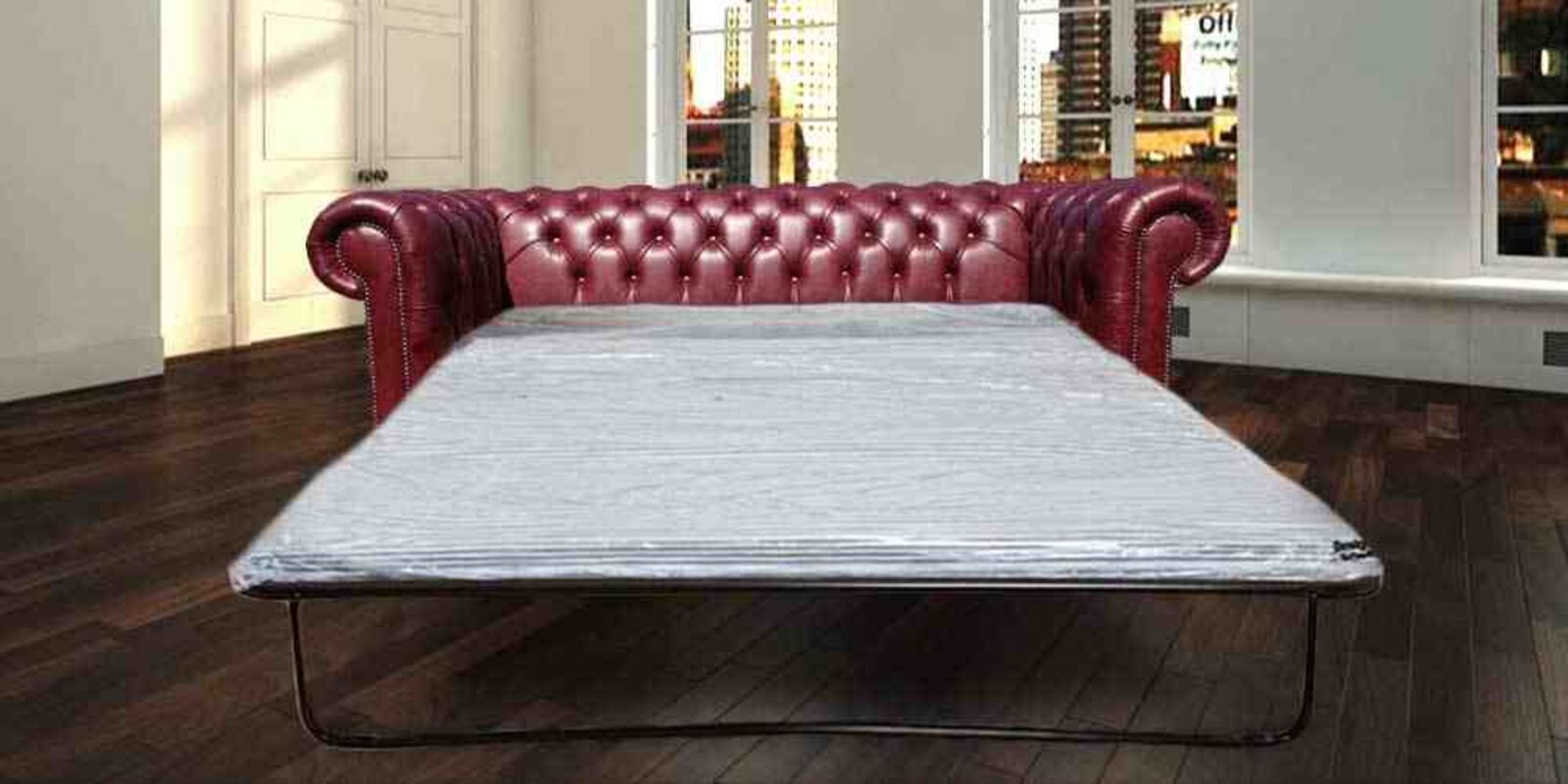 Product photograph of Best Pull Out Sofa Bed In Old English Burgandy Leather Chesterfield 3 Seater from Designer Sofas 4U