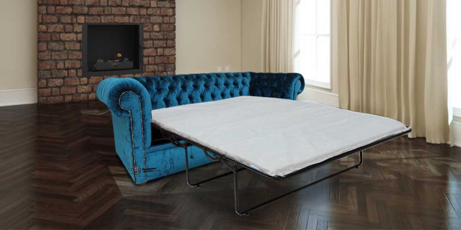 Product photograph of Chesterfield Pull Out Sofa Bed Sale In 3 Seater Settee Pastiche Petrol Velvet Fabric from Designer Sofas 4U