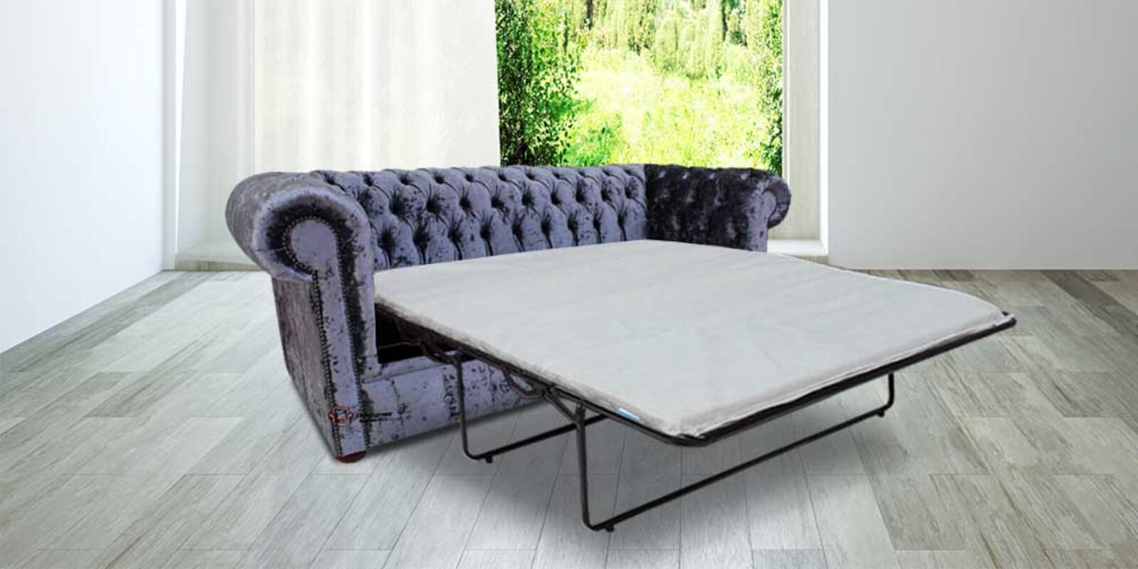 Product photograph of Chesterfield 3 Seater Settee Senso Dusk Velvet Sofabed Offer from Designer Sofas 4U
