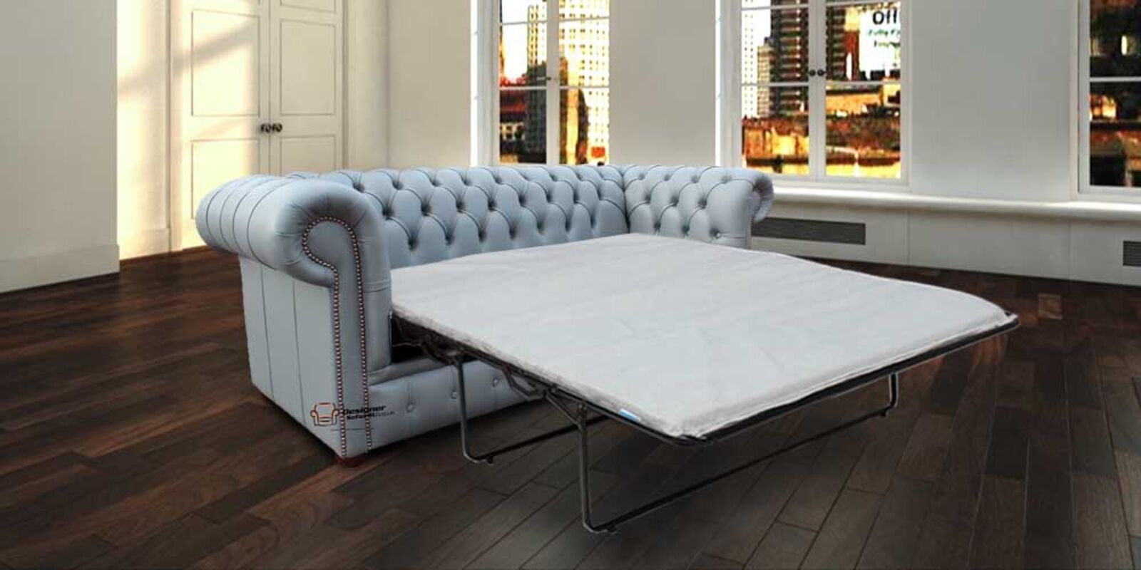 Product photograph of Best Pull Out Sofa Bed In Iron Grey Real Leather Chesterfield 3 Seater from Designer Sofas 4U