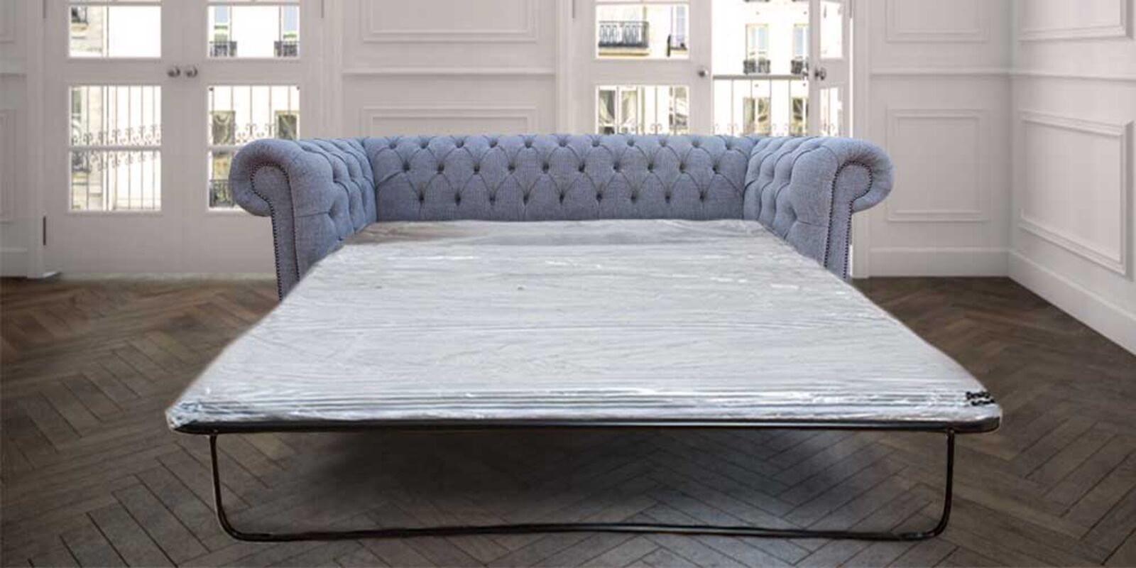 Product photograph of Chesterfield 3 Seater Sofabed Settee Harley Slate Grey Fabric Offer 2 Cushion Style from Designer Sofas 4U
