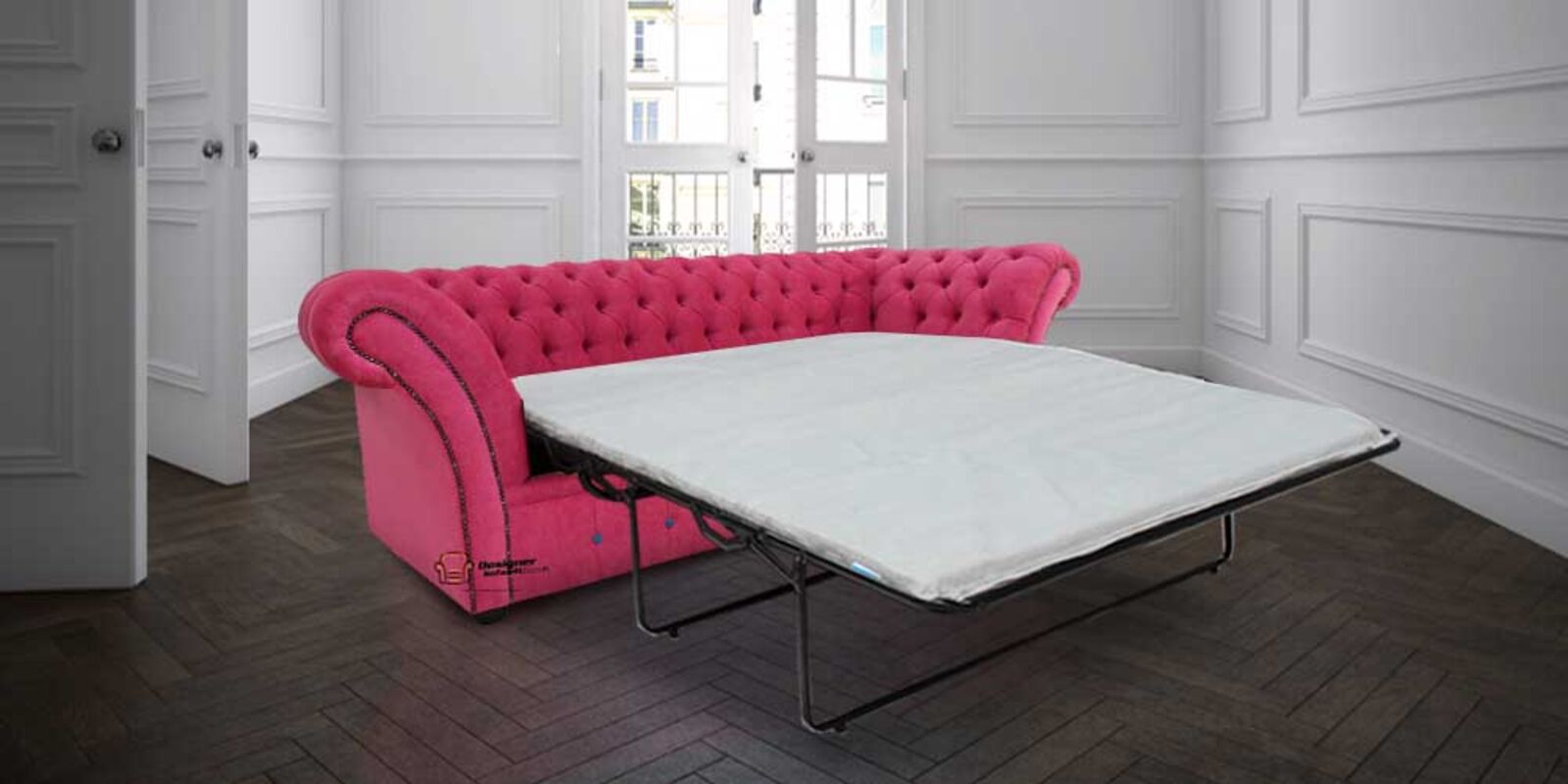 Product photograph of Chesterfield Belmont 3 Seater Sofabed Settee Azzuro Fuchsia Pink Red Fabric from Designer Sofas 4U
