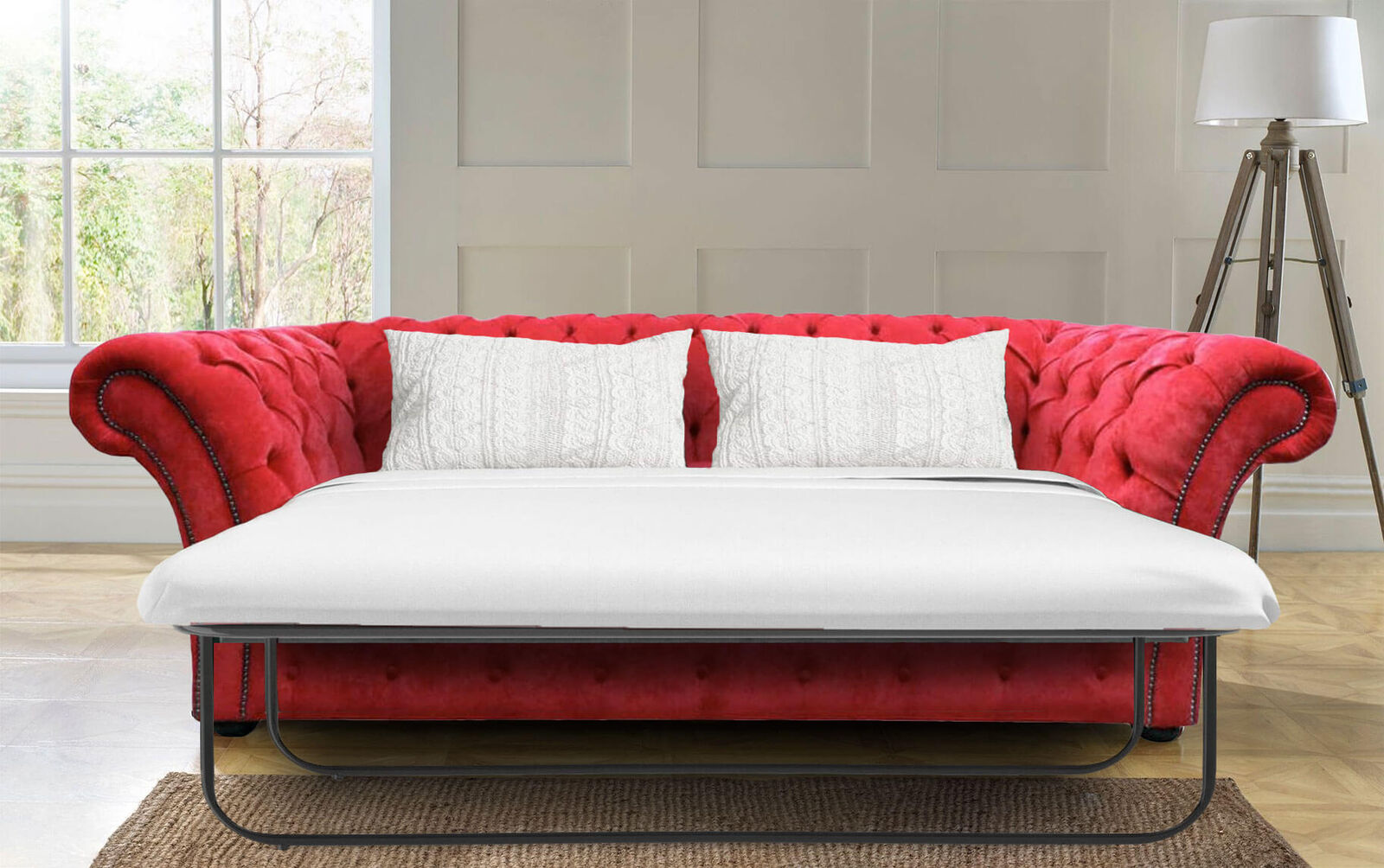Product photograph of Chesterfield Balmoral 3 Seater Sofabed Settee Pimlico Rouge Red Fabric from Designer Sofas 4U