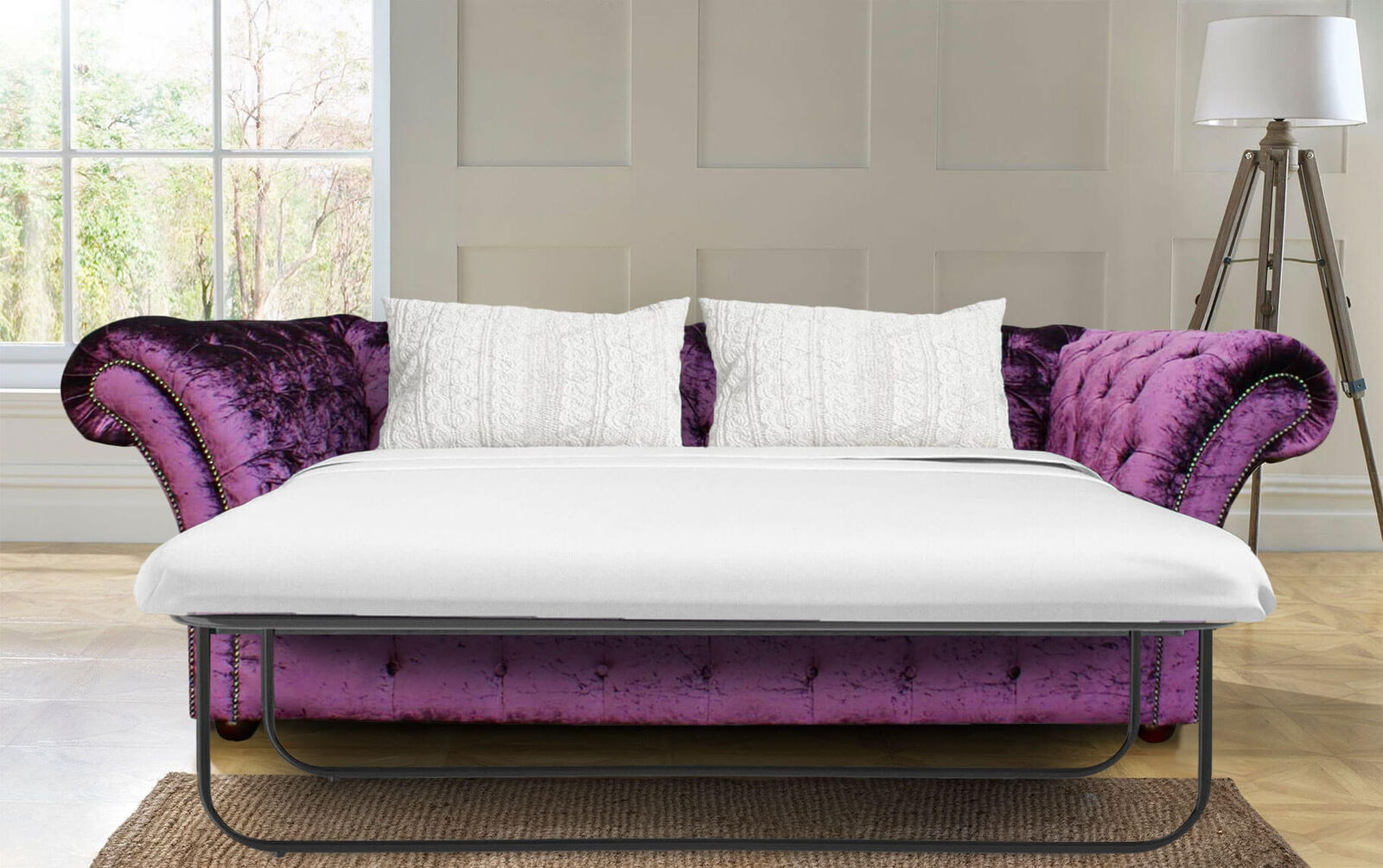Product photograph of Chesterfield Pull Out Sofa Bed In Balmoral 3 Seater Boutique Crush Purple Velvet Fabric from Designer Sofas 4U