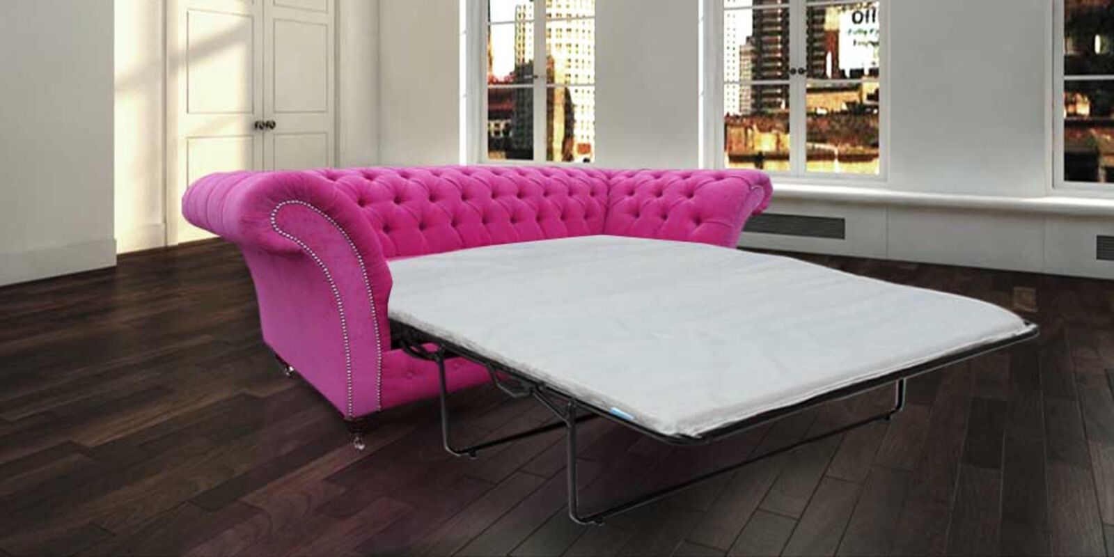 Product photograph of Pull Out Sofa Bed In Pink Fuchsia Fabric Chesterfield Rutland Balmoral 3 Seater from Designer Sofas 4U