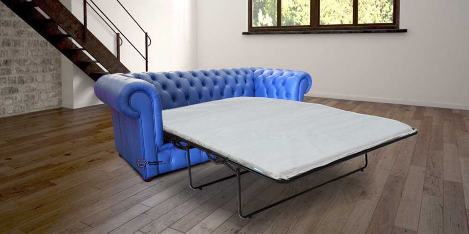 Product photograph of Pull Out Sofa Bed Sale In Deep Ultramarine Blue Leather Chesterfield Thomas 3 Seater from Designer Sofas 4U