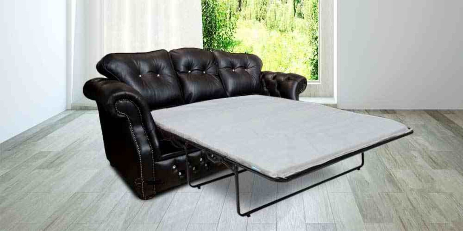 Product photograph of Era Crystal 3 Seater Sofabed Settee Traditional Chesterfield Black Leather from Designer Sofas 4U