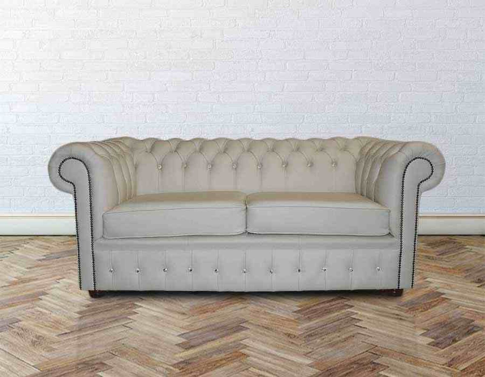 Product photograph of Chesterfield 2 Seater Shelly Cream Crystallized Buttons Real Leather Sofa Offer from Designer Sofas 4U