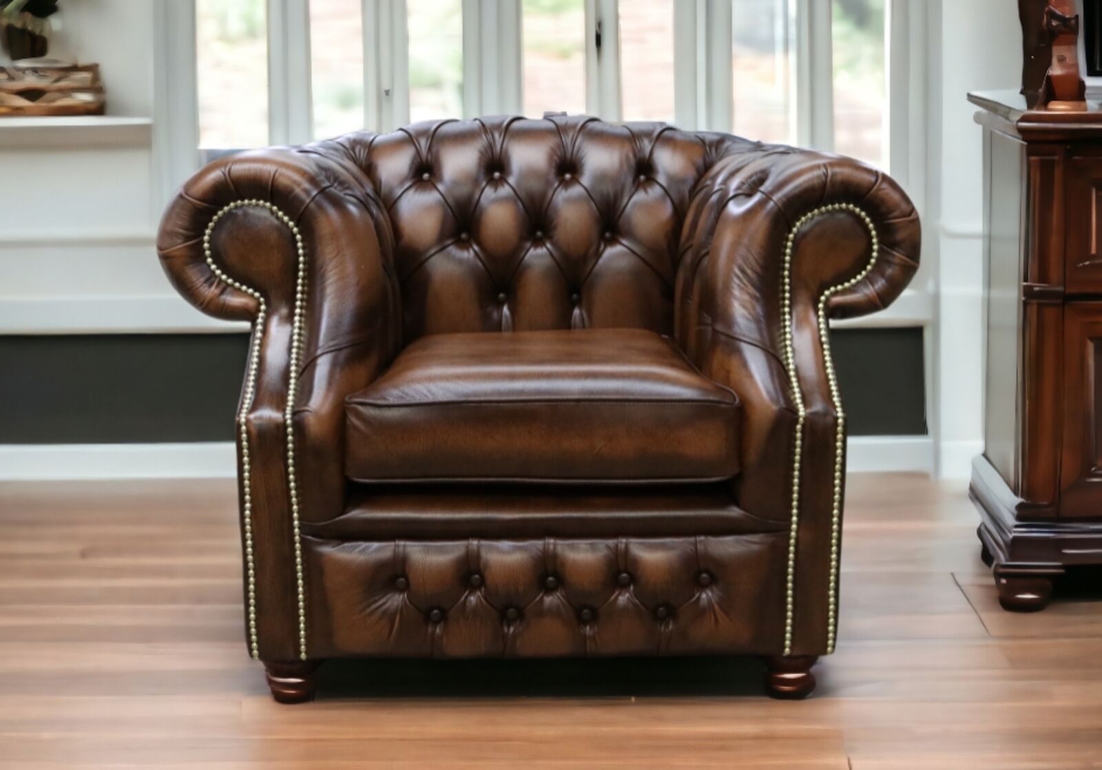 Product photograph of Chesterfield Buckingham Club Chair Antique Tan Leather from Designer Sofas 4U