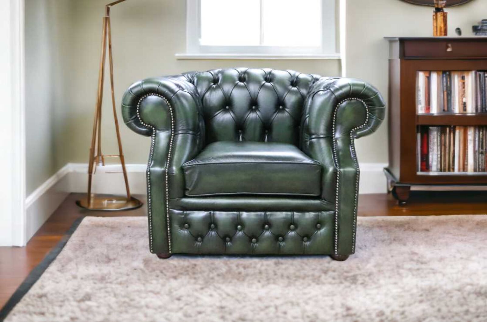 Product photograph of Chesterfield Buckingham Club Chair Antique Green Leather from Designer Sofas 4U