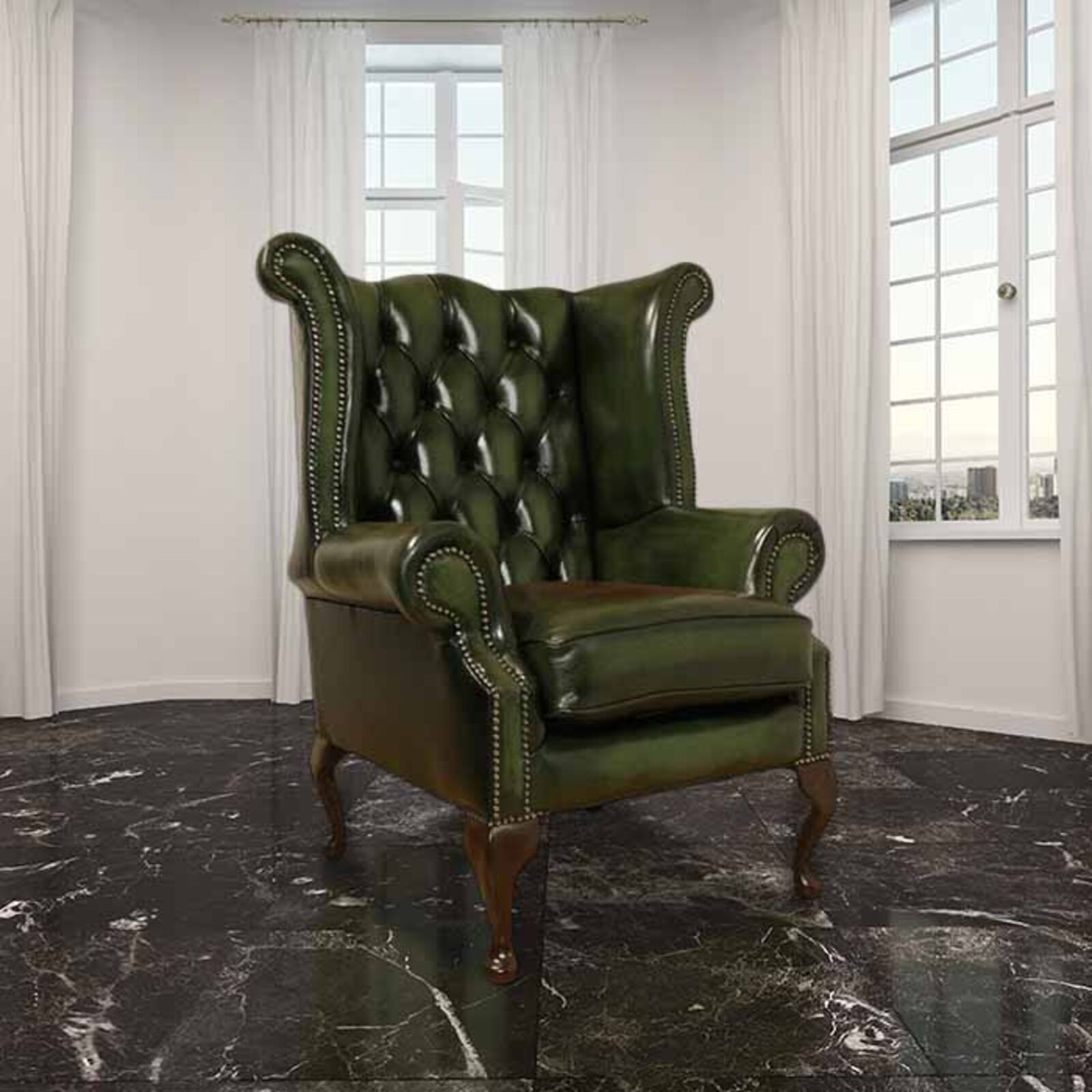 Product photograph of Chesterfield Newby High Back Wing Chair Uk Manufactured Antique Green Leather from Designer Sofas 4U