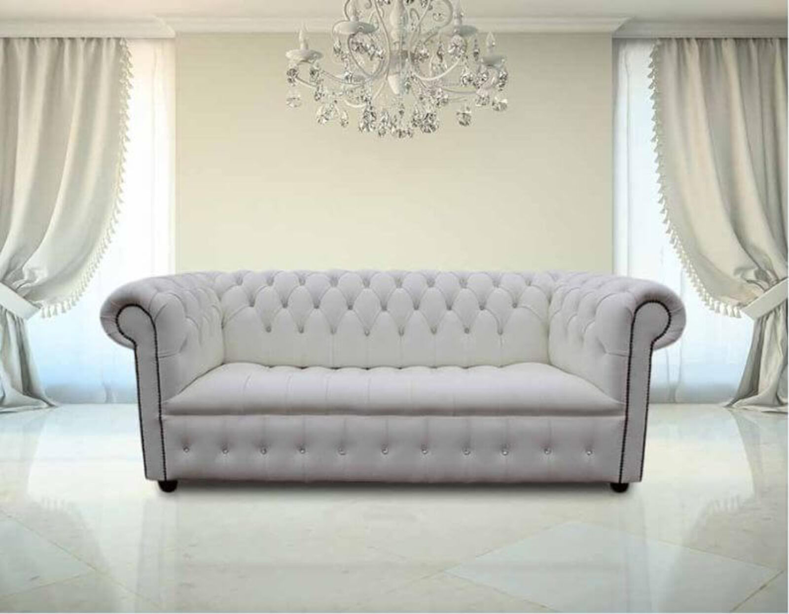Product photograph of Chesterfield Crystal Diamond Diamante Crystal White Leather Sofa Offer from Designer Sofas 4U