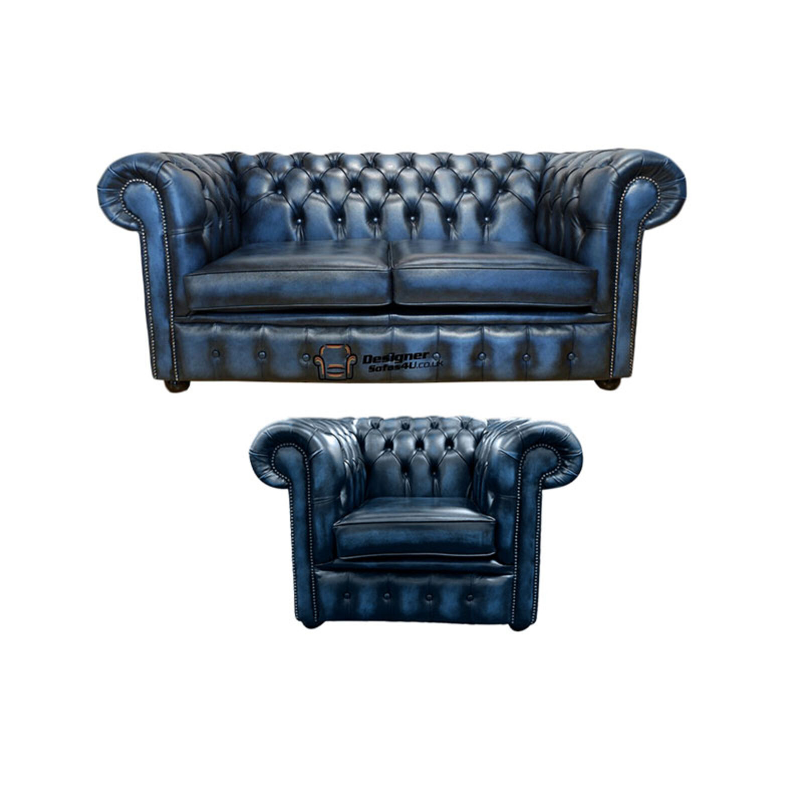 Product photograph of Chesterfield 2 Seater Sofa Club Chair Leather Sofa Suite Antique Blue Real Leather from Designer Sofas 4U
