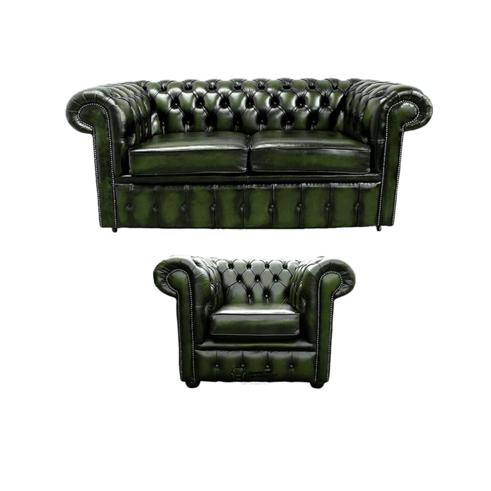 Product photograph of Chesterfield 2 Seater Sofa Club Chair Leather Sofa Suite Offer Antique Green from Designer Sofas 4U