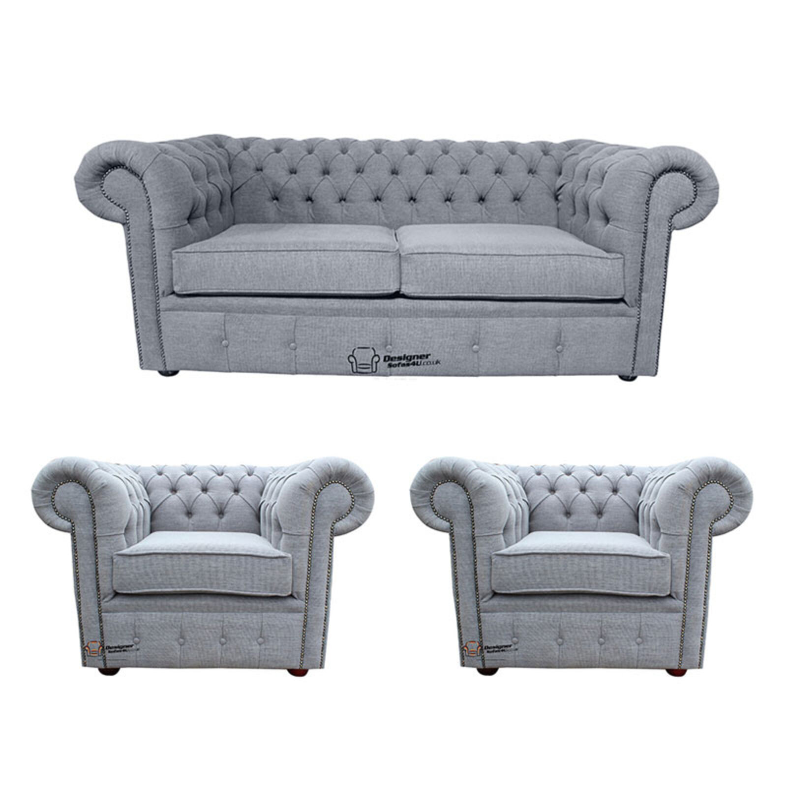 Product photograph of Chesterfield 2 Seater 2 X Club Chairs Verity Plain Steel Fabric Sofa Suite Offer from Designer Sofas 4U