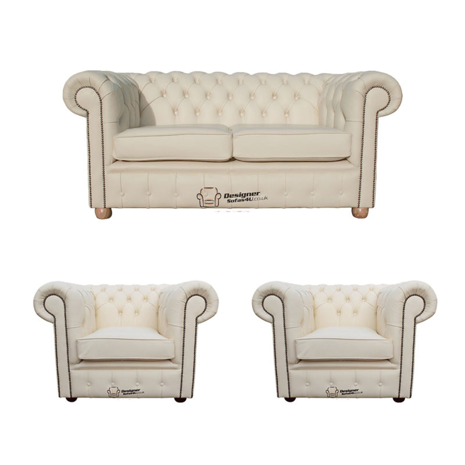 Product photograph of Chesterfield 2 Seater Sofa 2 X Club Chairs Leather Sofa Suite Offer Cottonseed Cream from Designer Sofas 4U