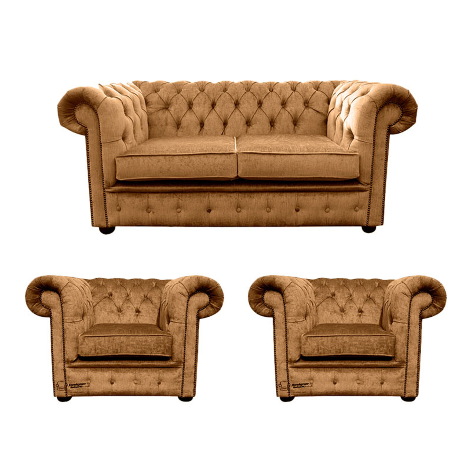 Product photograph of Chesterfield 2 Seater 2 X Club Chairs Harmony Gold Velvet Sofa Suite Offer from Designer Sofas 4U