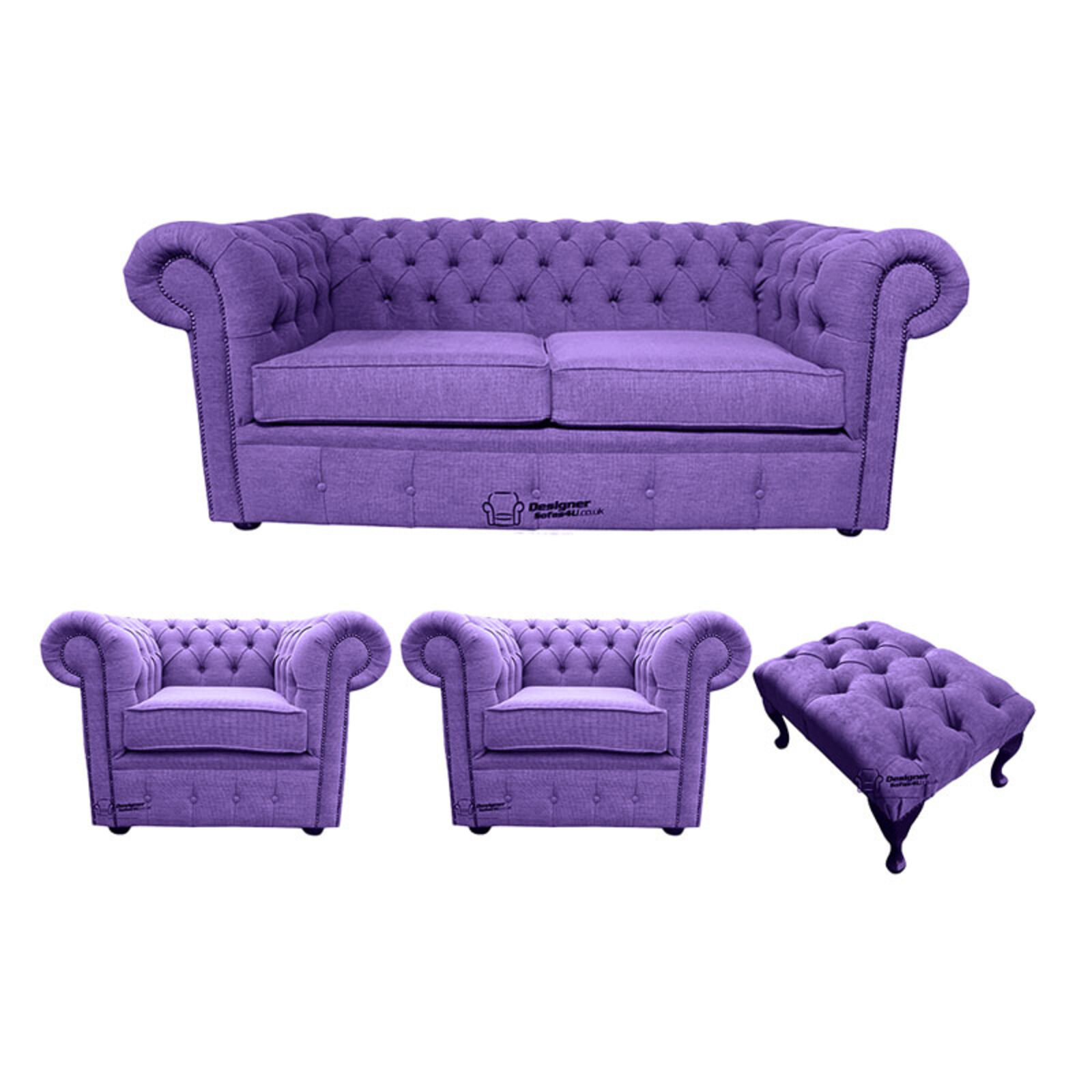 Product photograph of Chesterfield 2 Seater 2 X Club Chairs Footstool Verity Purple Fabric Sofa Suite Offer from Designer Sofas 4U