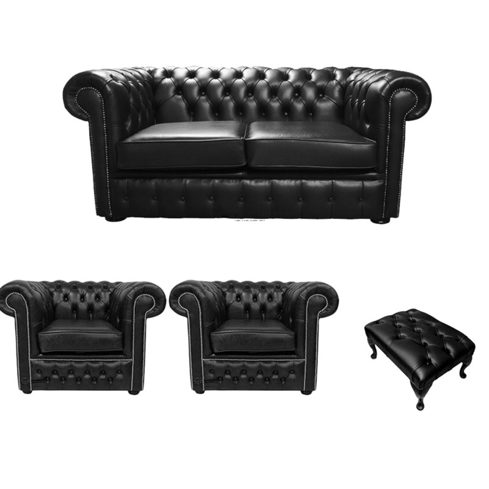 Product photograph of Chesterfield 2 Seater Sofa 2 X Club Chairs Footstool Old English Black Leather Sofa Offer from Designer Sofas 4U