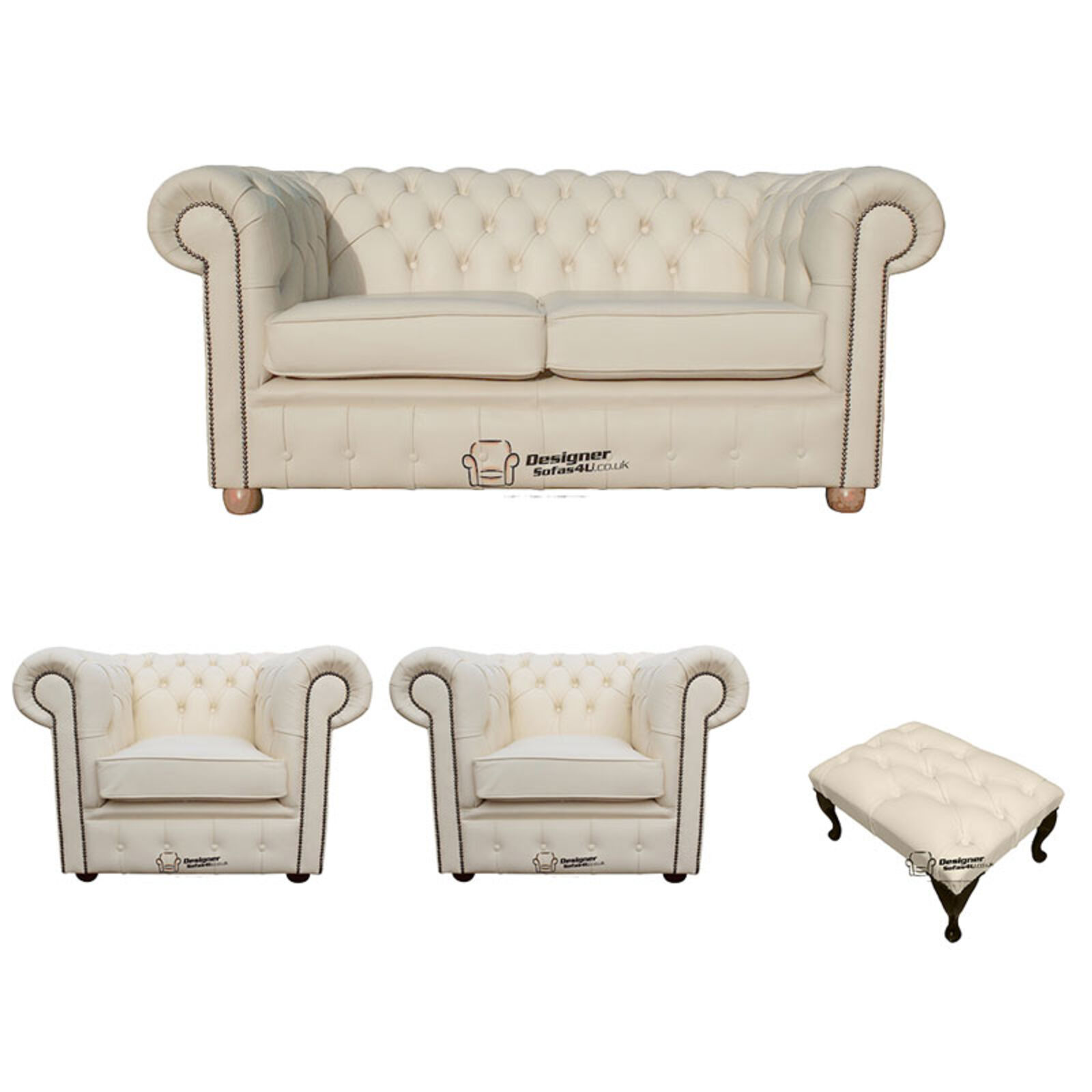 Product photograph of Chesterfield 2 Seater Sofa 2 X Club Chairs Footstool Leather Sofa Suite Offer Cottonseed Cream from Designer Sofas 4U