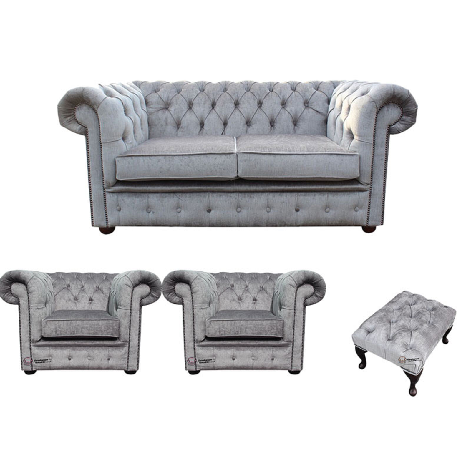 Product photograph of Chesterfield 2 Seater 2 X Club Chairs Footstool Belvedere Pewter Grey Sofa Suite Offer from Designer Sofas 4U