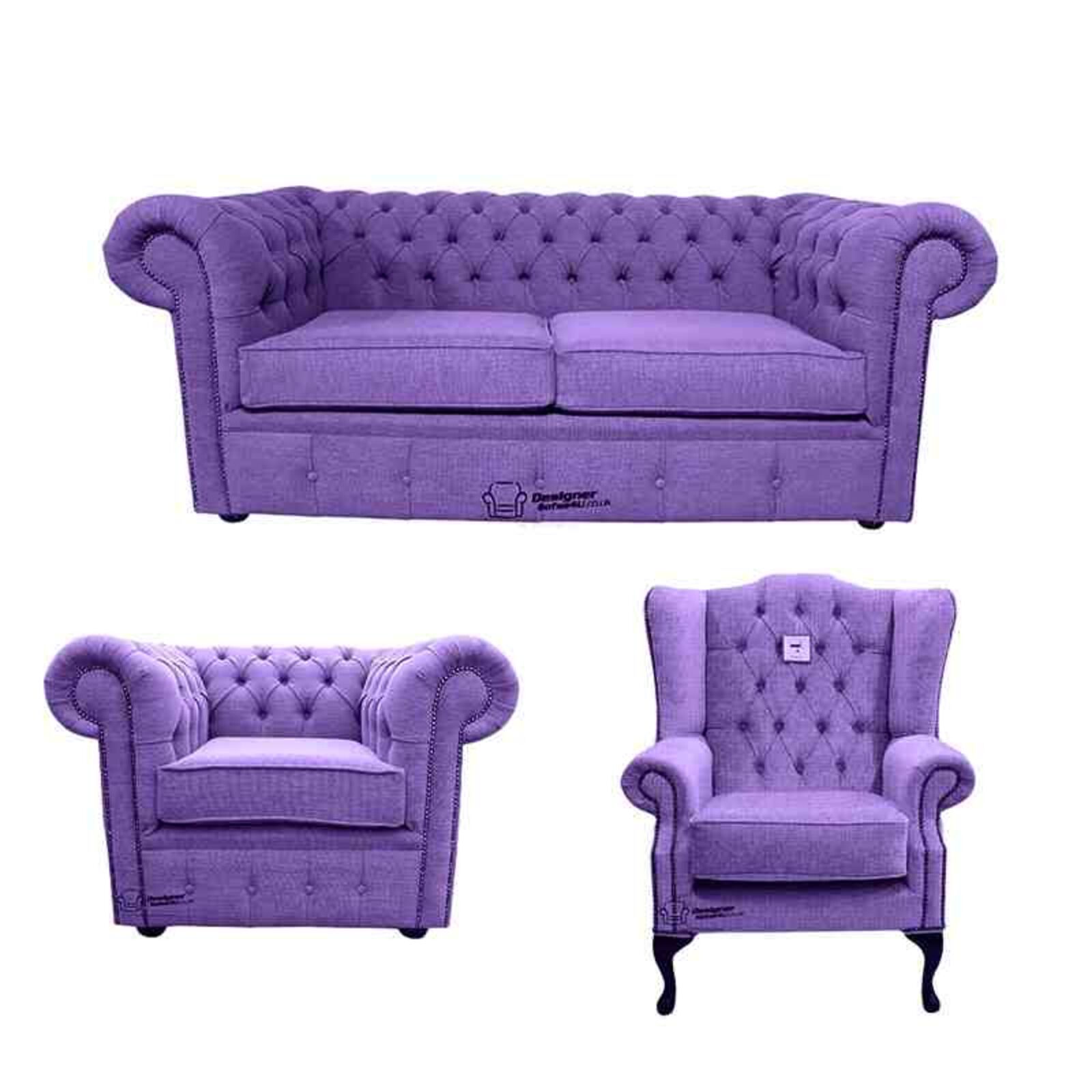 Product photograph of Chesterfield 2 Seater Sofa Club Chair Mallory Wing Chair Verity Purple Fabric Sofa Suite Offer from Designer Sofas 4U
