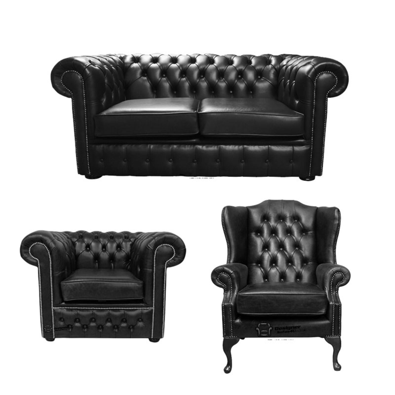 Product photograph of Chesterfield 2 Seater Sofa Club Chair Mallory Wing Chair Old English Black Leather Sofa Offer from Designer Sofas 4U