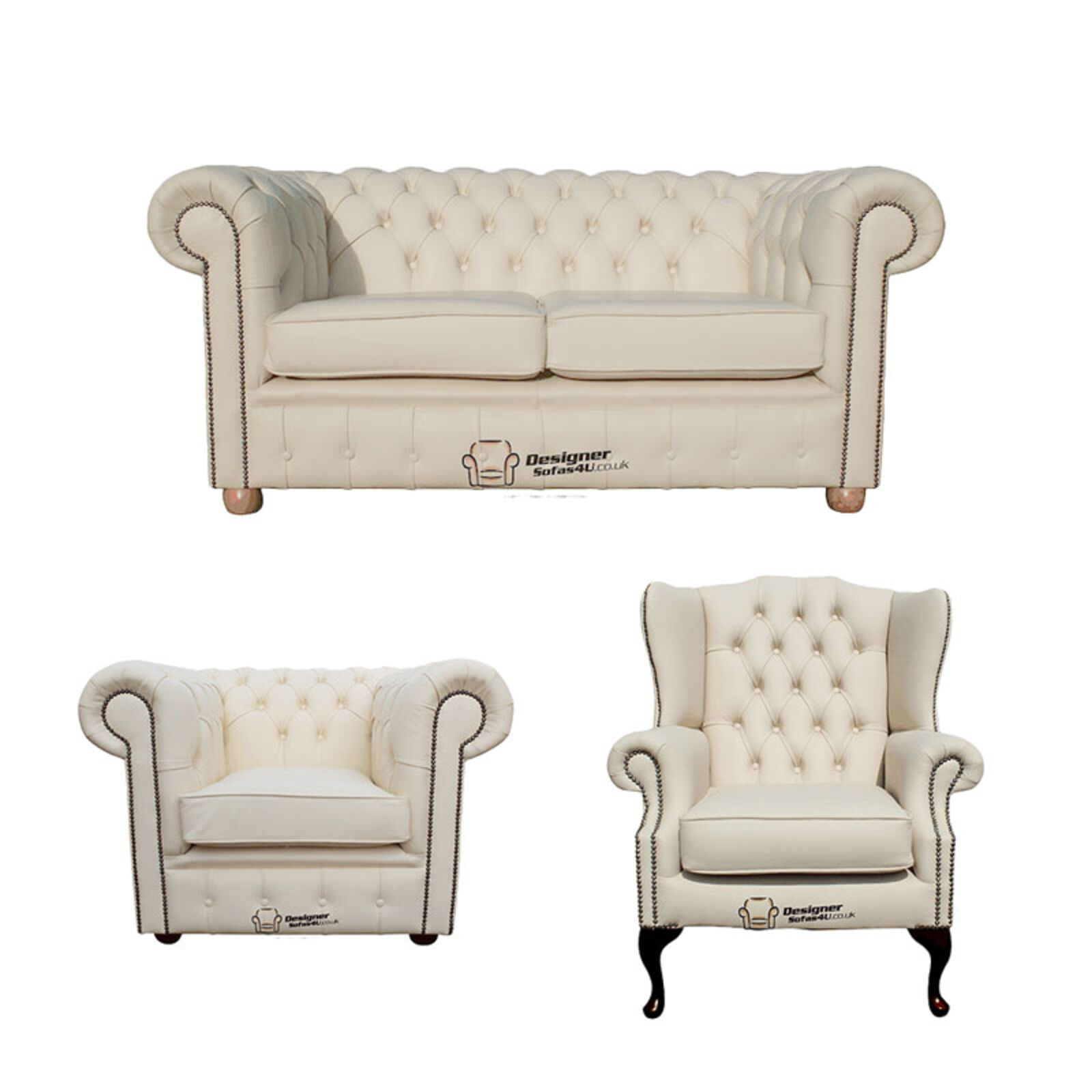 Product photograph of Chesterfield 2 Seater Sofa Club Chair Mallory Wing Chair Leather Sofa Suite Offer Cottonseed Cream from Designer Sofas 4U