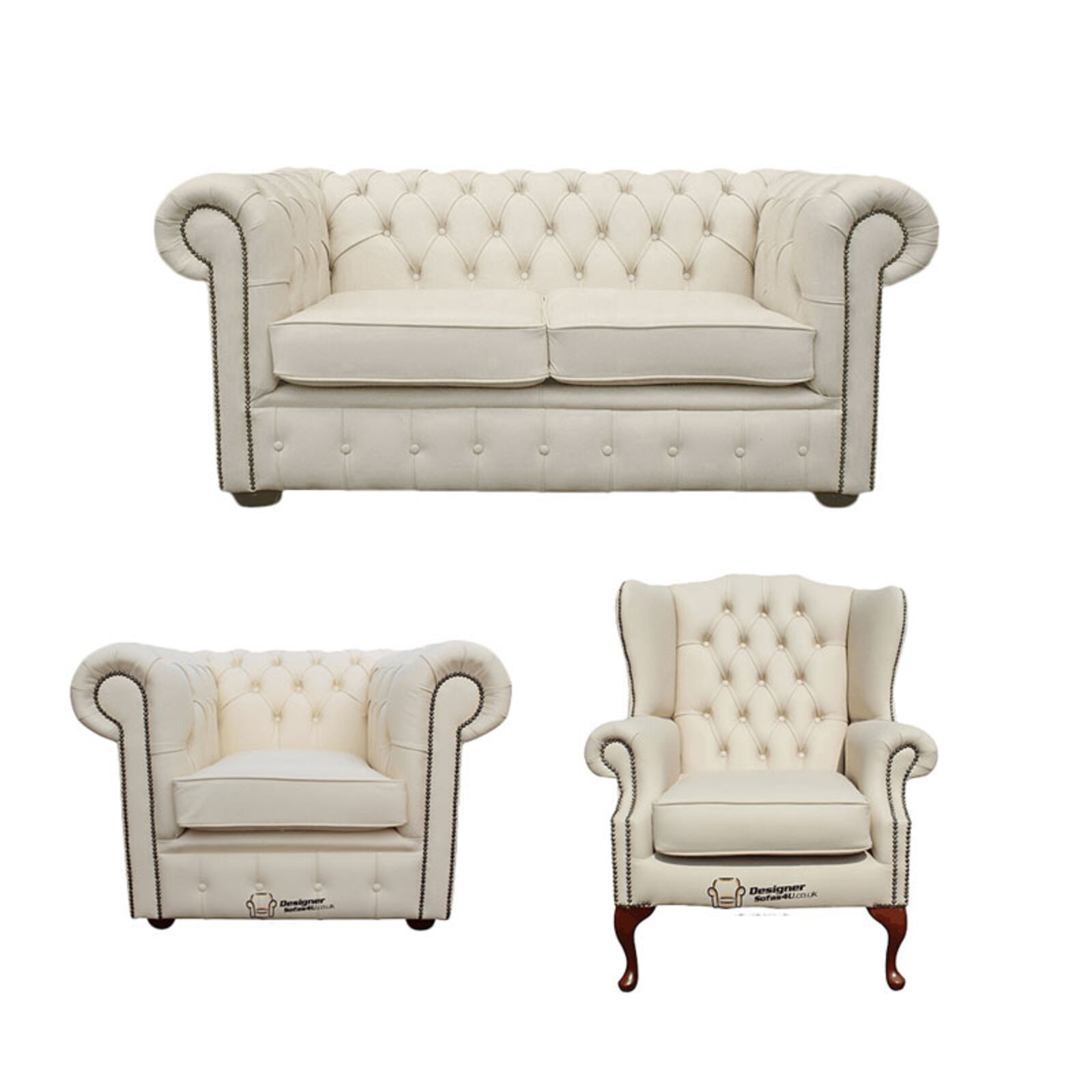 Product photograph of Chesterfield 2 Seater Sofa Club Chair Mallory Wing Chair Leather Sofa Suite Offer Ivory from Designer Sofas 4U