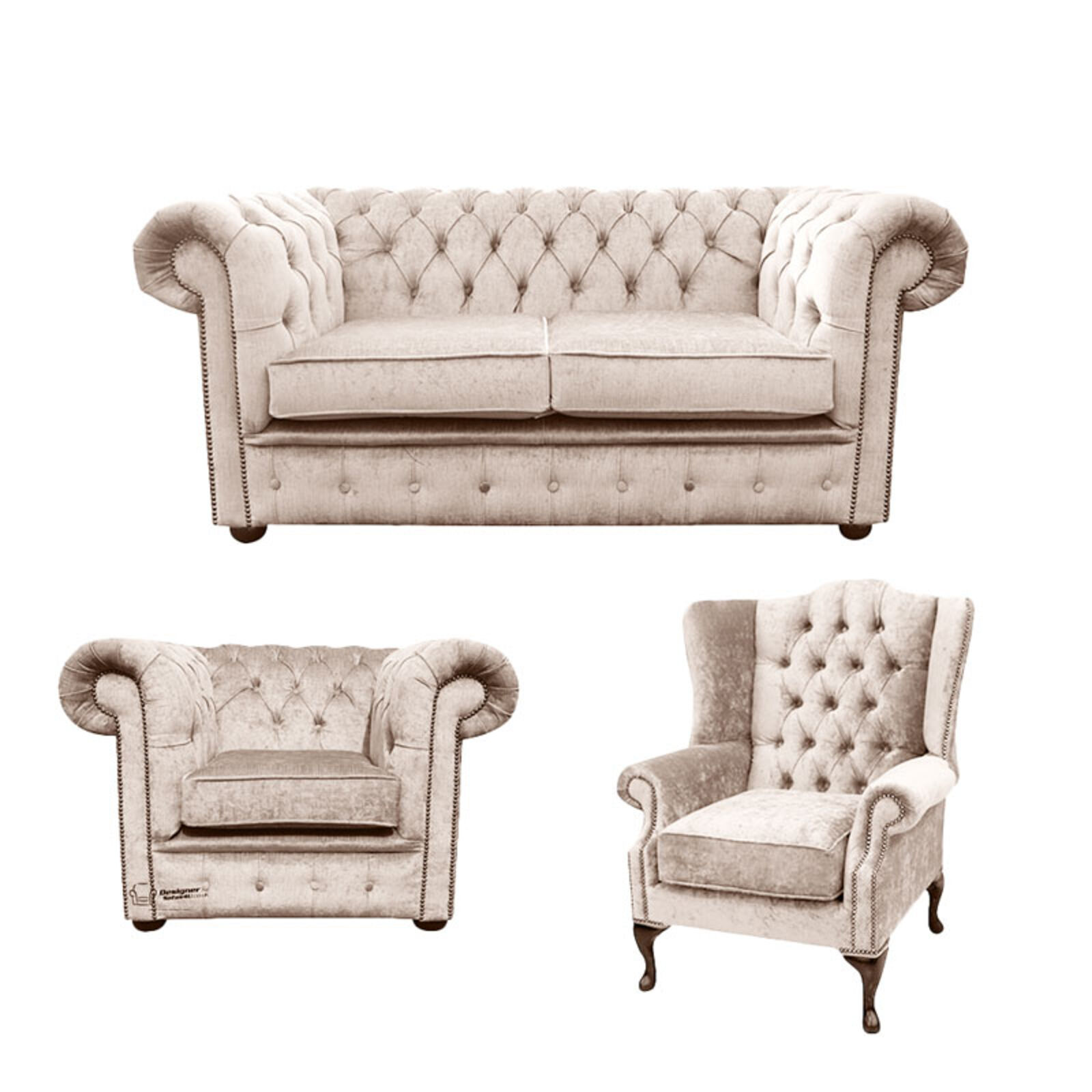 Product photograph of Chesterfield 2 Seater Sofa Club Chair Mallory Wing Chair Harmony Ivory Velvet Sofa Suite Offer from Designer Sofas 4U