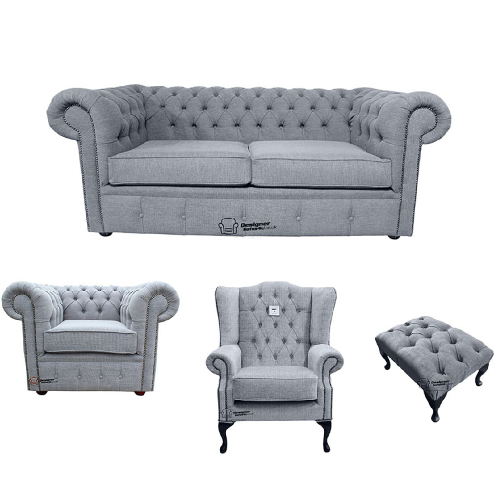 Product photograph of Chesterfield 2 Seater Sofa Club Chair Mallory Wing Chair Footstool Verity Plain Steel Fabric Sofa Suite Offer from Designer Sofas 4U