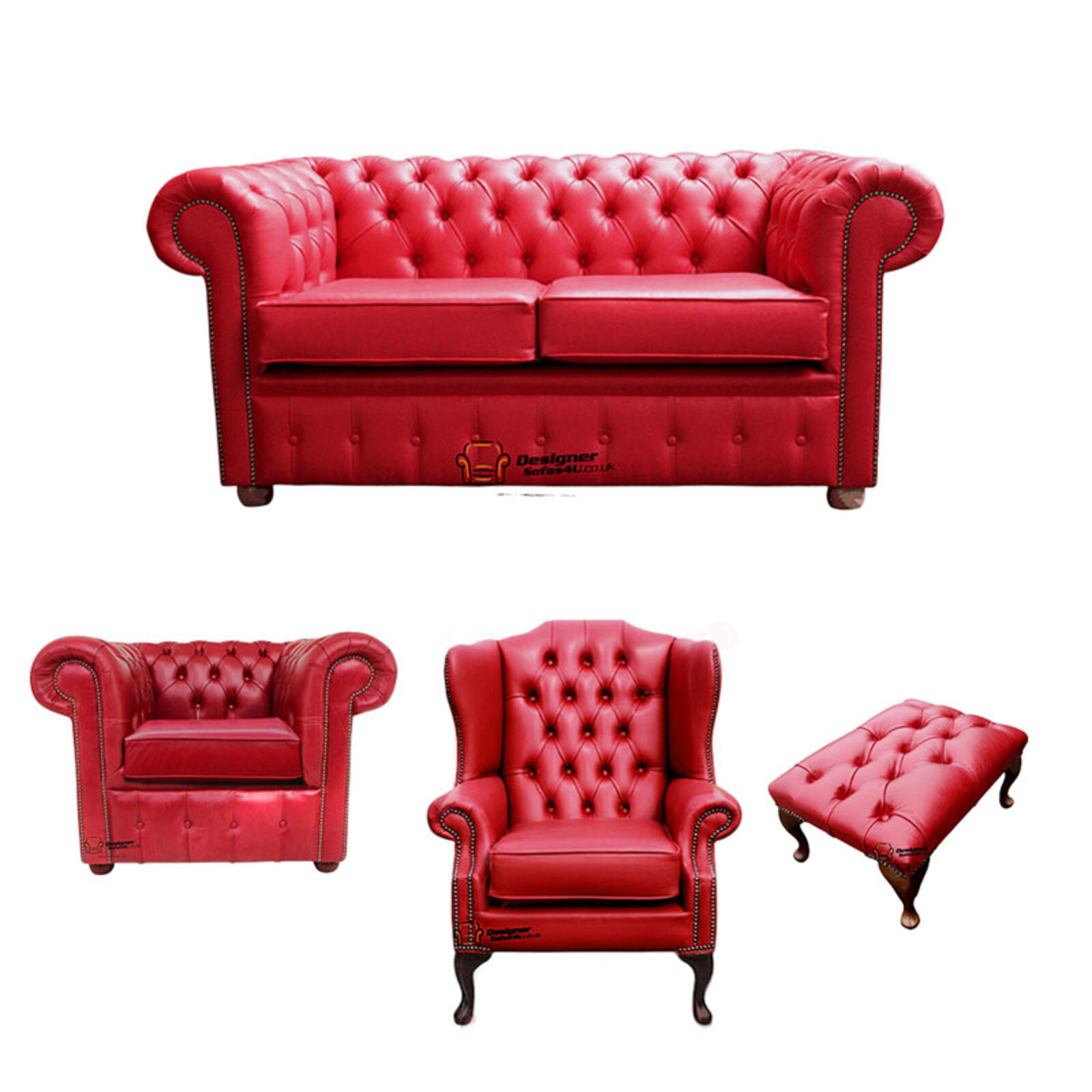 Product photograph of Chesterfield 2 Seater Sofa Club Chair Mallory Wing Chair Footstool Old English Gamay Red Leather Sofa Offer from Designer Sofas 4U