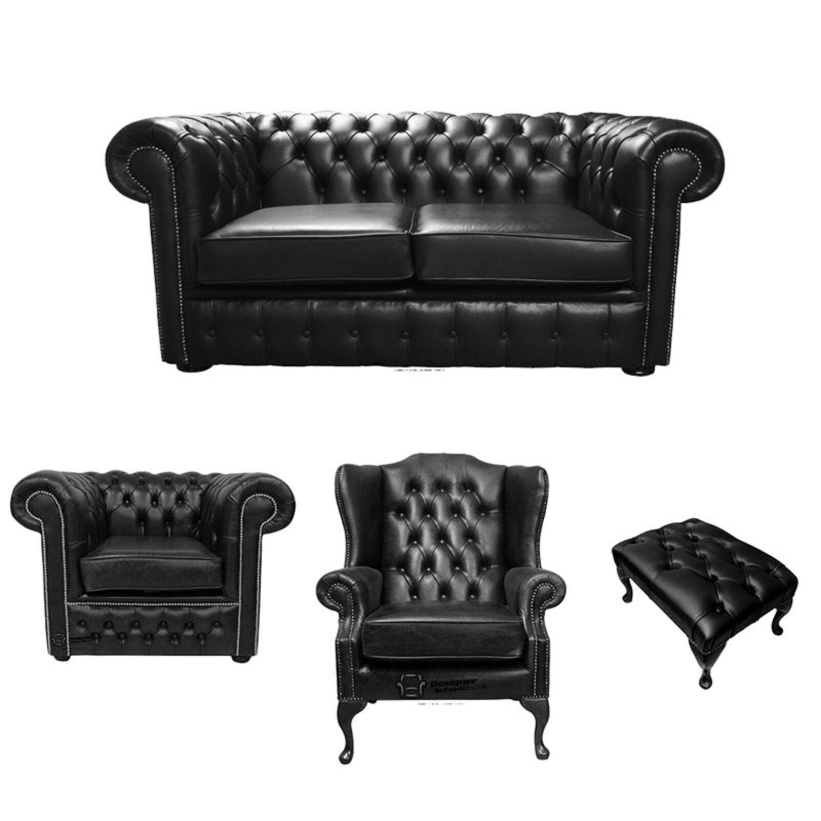 Product photograph of Chesterfield 2 Seater Sofa Club Chair Mallory Wing Chair Footstool Old English Black Leather Sofa Offer from Designer Sofas 4U