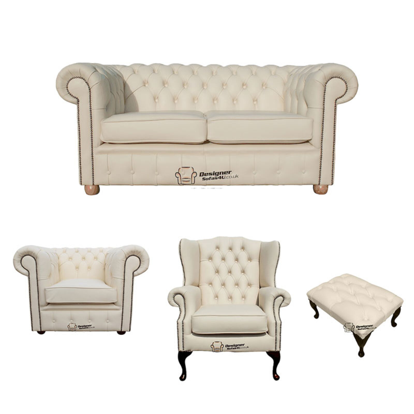 Product photograph of Chesterfield 2 Seater Sofa Club Chair Mallory Wing Chair Footstool Leather Sofa Suite Offer Cottonseed Cream from Designer Sofas 4U