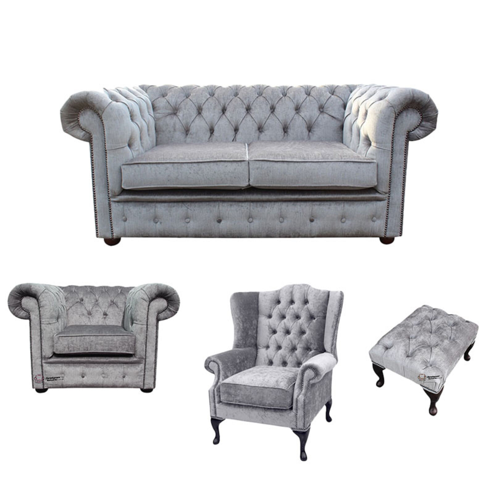 Product photograph of Chesterfield 2 Seater Sofa Club Chair Mallory Wing Chair Footstool Harmony Dusk Velvet Sofa Suite Offer from Designer Sofas 4U