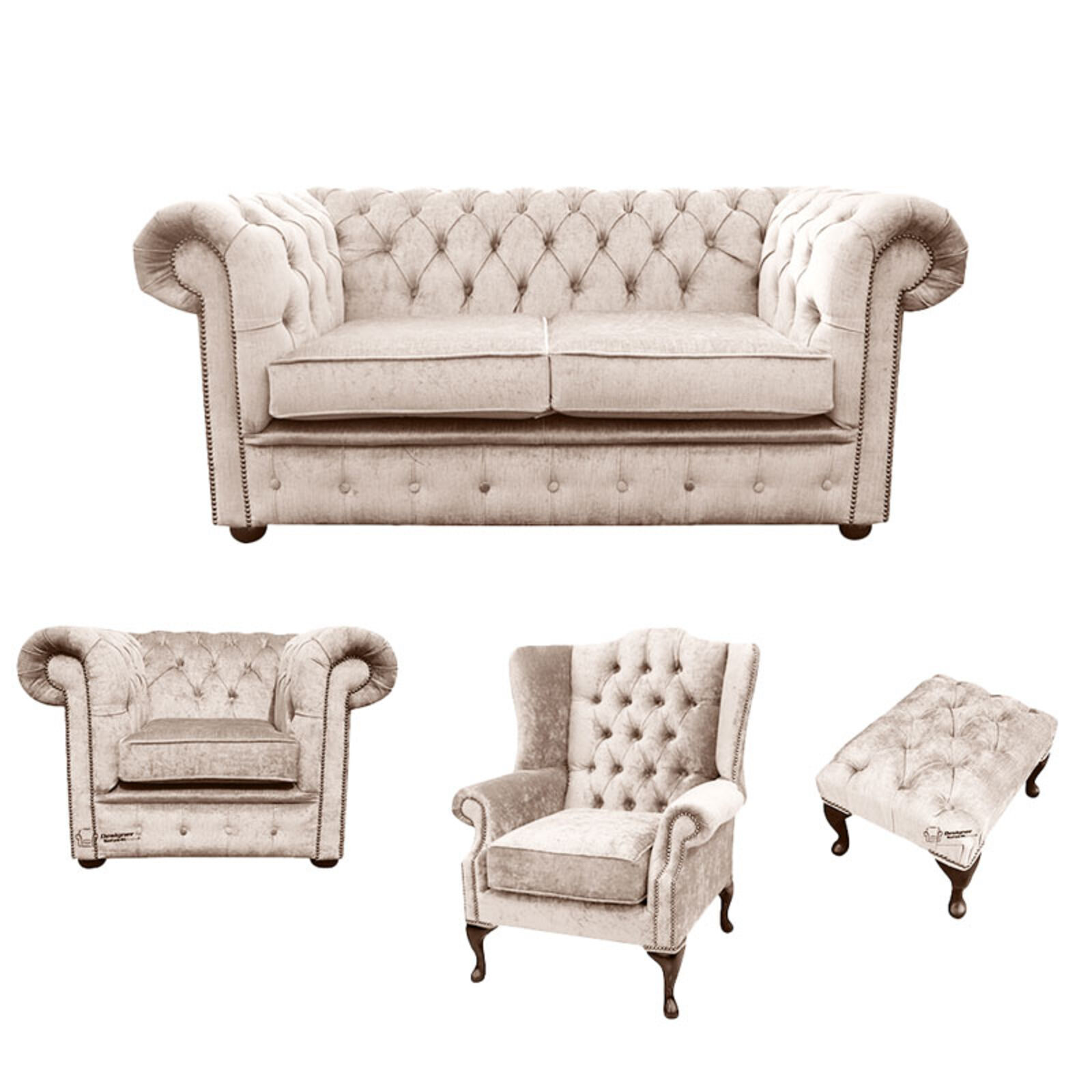 Product photograph of Chesterfield 2 Seater Sofa Club Chair Mallory Wing Chair Footstool Harmony Ivory Velvet Sofa Suite Offer from Designer Sofas 4U