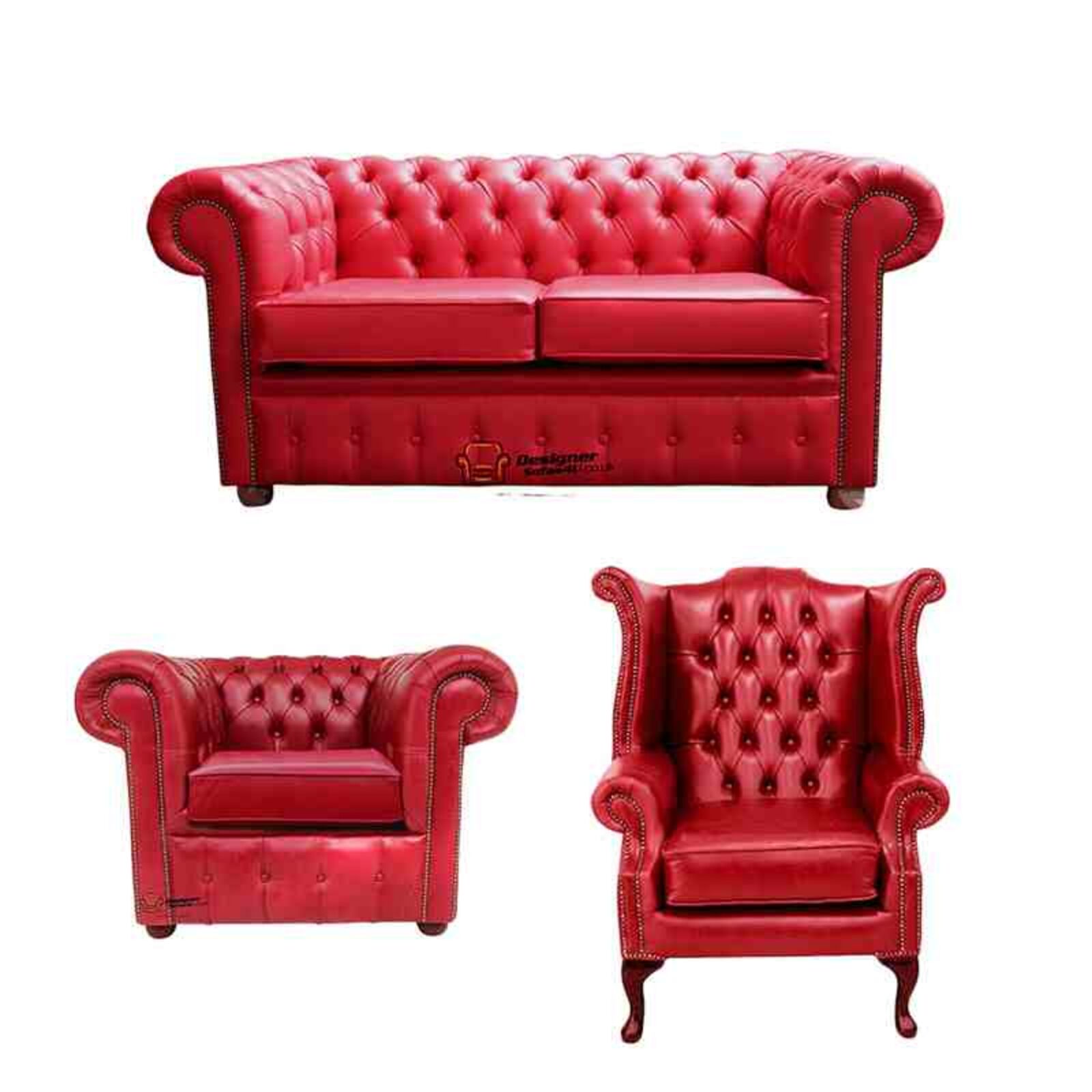 Product photograph of Chesterfield 2 Seater Sofa Club Chair Queen Anne Chair Old English Gamay Red Leather Sofa Offer from Designer Sofas 4U