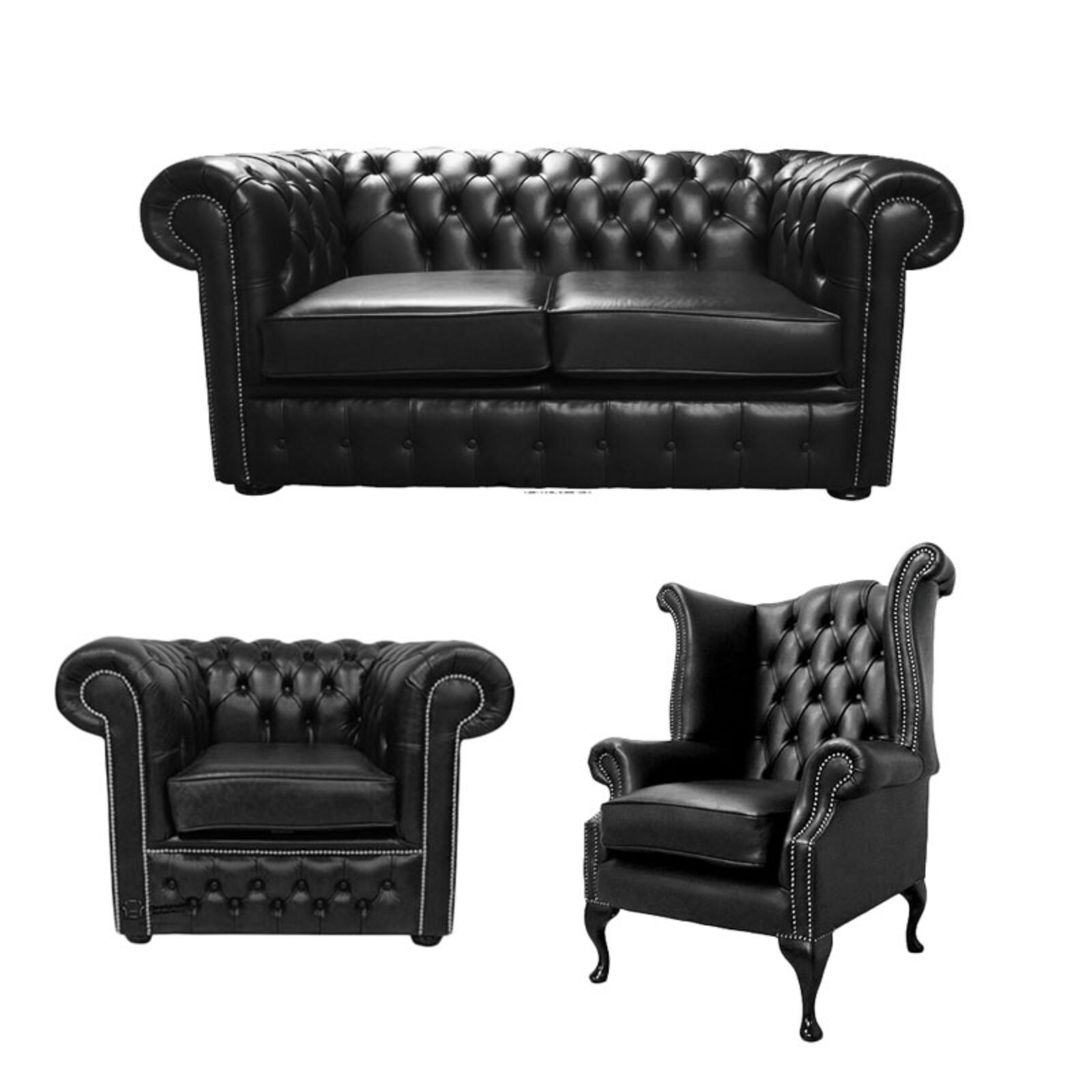 Product photograph of Chesterfield 2 Seater Sofa Club Chair Queen Anne Chair Old English Black Leather Sofa Offer from Designer Sofas 4U