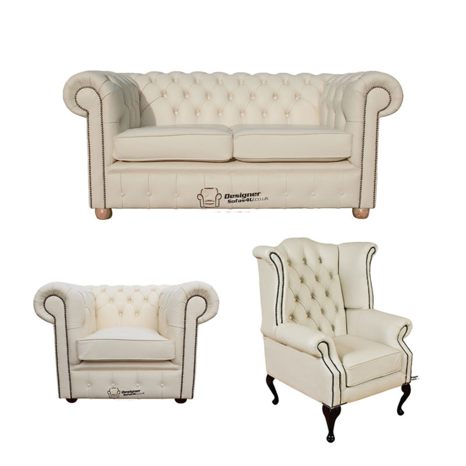 Product photograph of Chesterfield 2 Seater Sofa Club Chair Queen Anne Wing Chair Leather Sofa Suite Offer Cottonseed Cream from Designer Sofas 4U