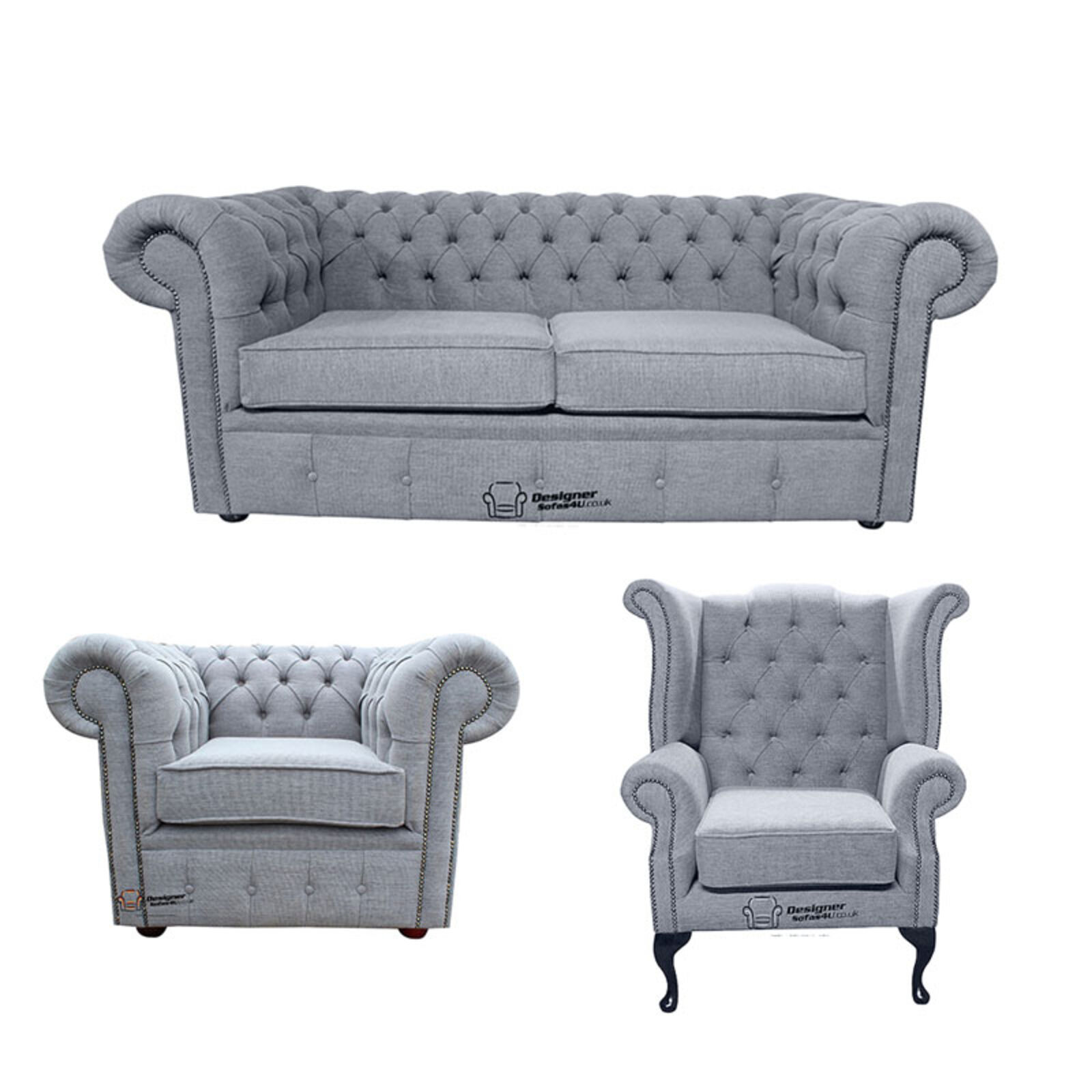 Product photograph of Chesterfield 2 Seater Sofa Club Chair Queen Anne Chair Verity Plain Steel Fabric Sofa Suite Offer from Designer Sofas 4U