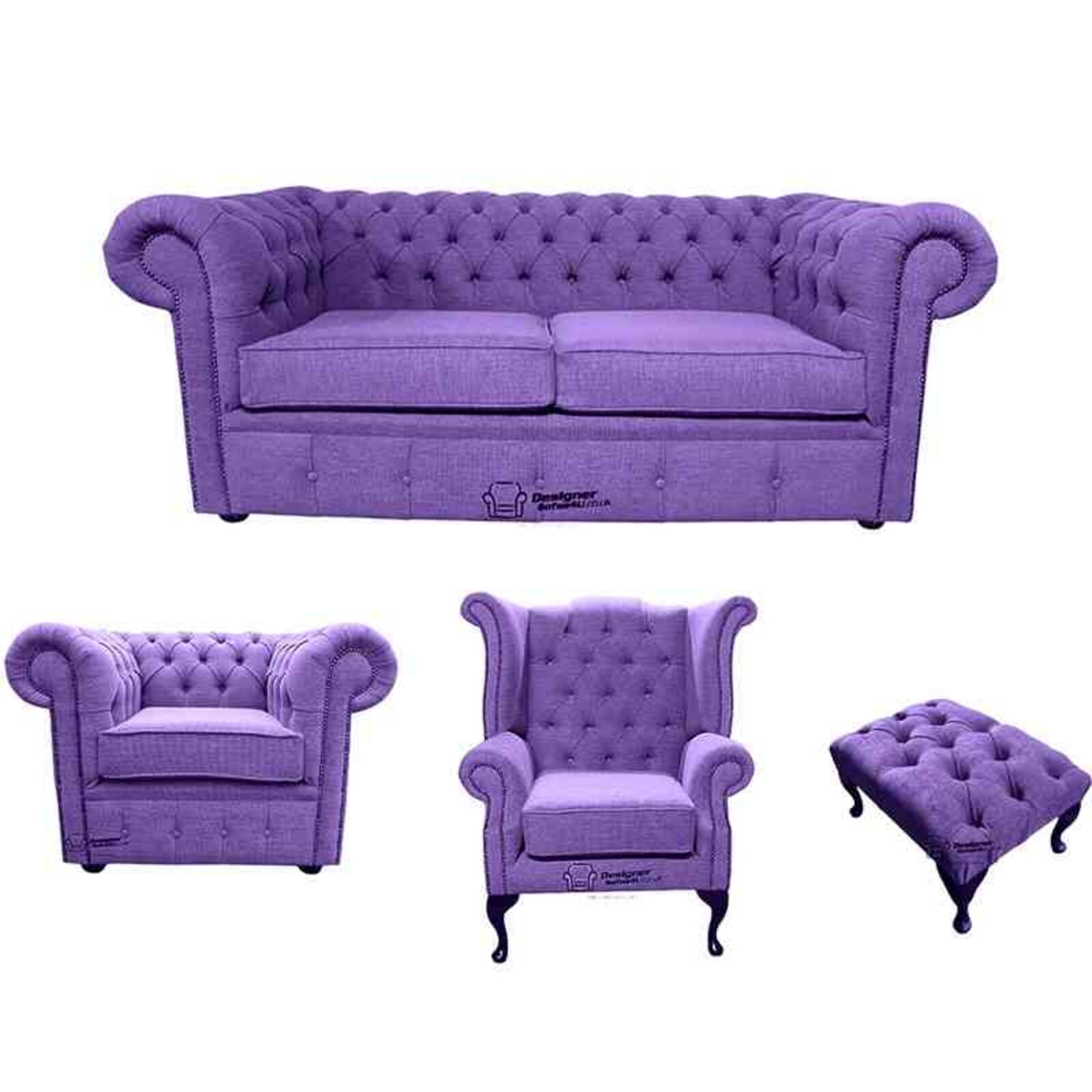 Product photograph of Chesterfield 2 Seater Sofa Club Chair Queen Anne Chair Footstool Verity Purple Fabric Sofa Suite Offer from Designer Sofas 4U